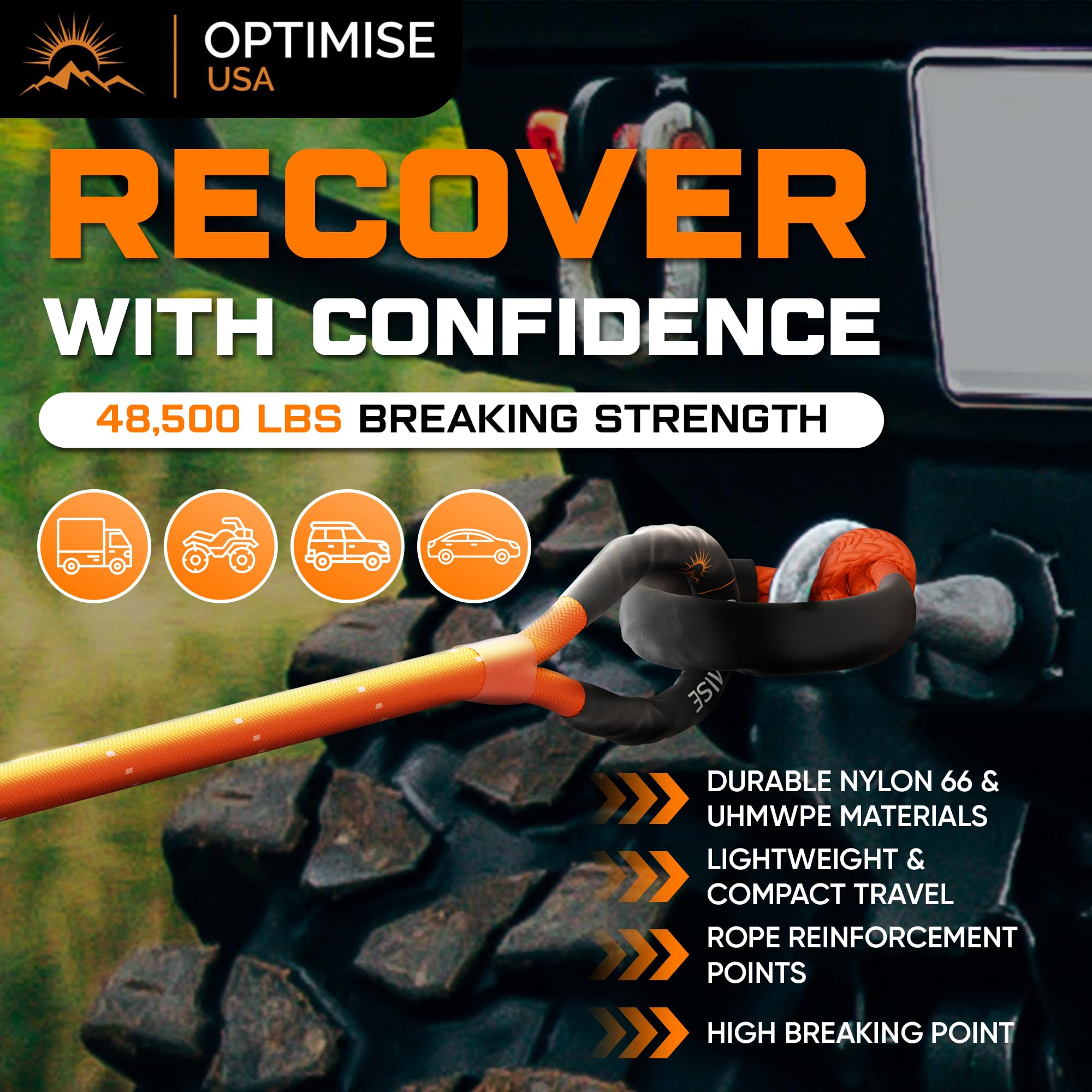 Optimise USA 1" x 30ft Kinetic Recovery Rope Kit - 48,500lbs, Tow Strap, 2 Soft Shackles, Off-Road Shovel, Carry Bag, Orange