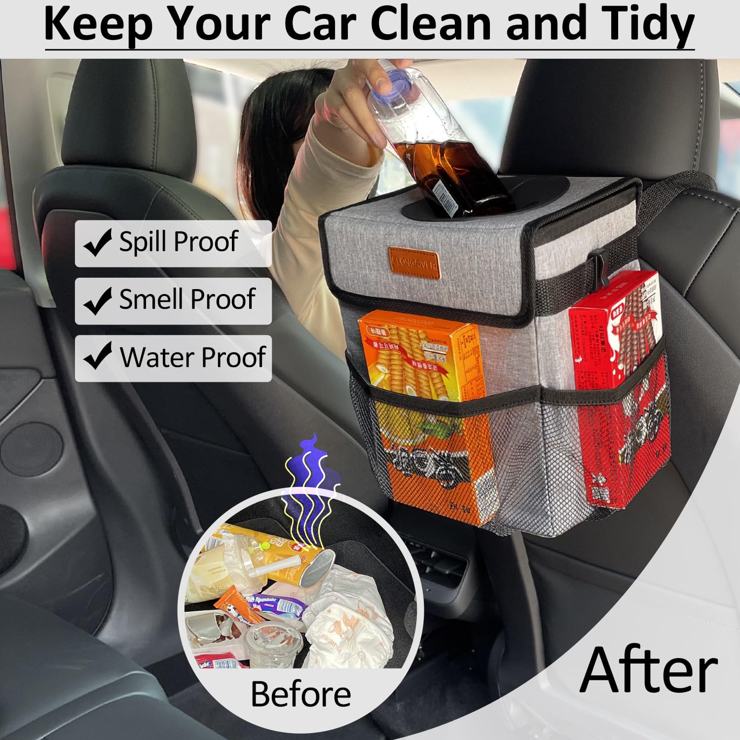 Elongriver Car Trash Can For Car With Lid Leak Proof, Cute Car Can Trash Bag Hanging, Vehicle Trash Can For Suv Truck Van, Car G