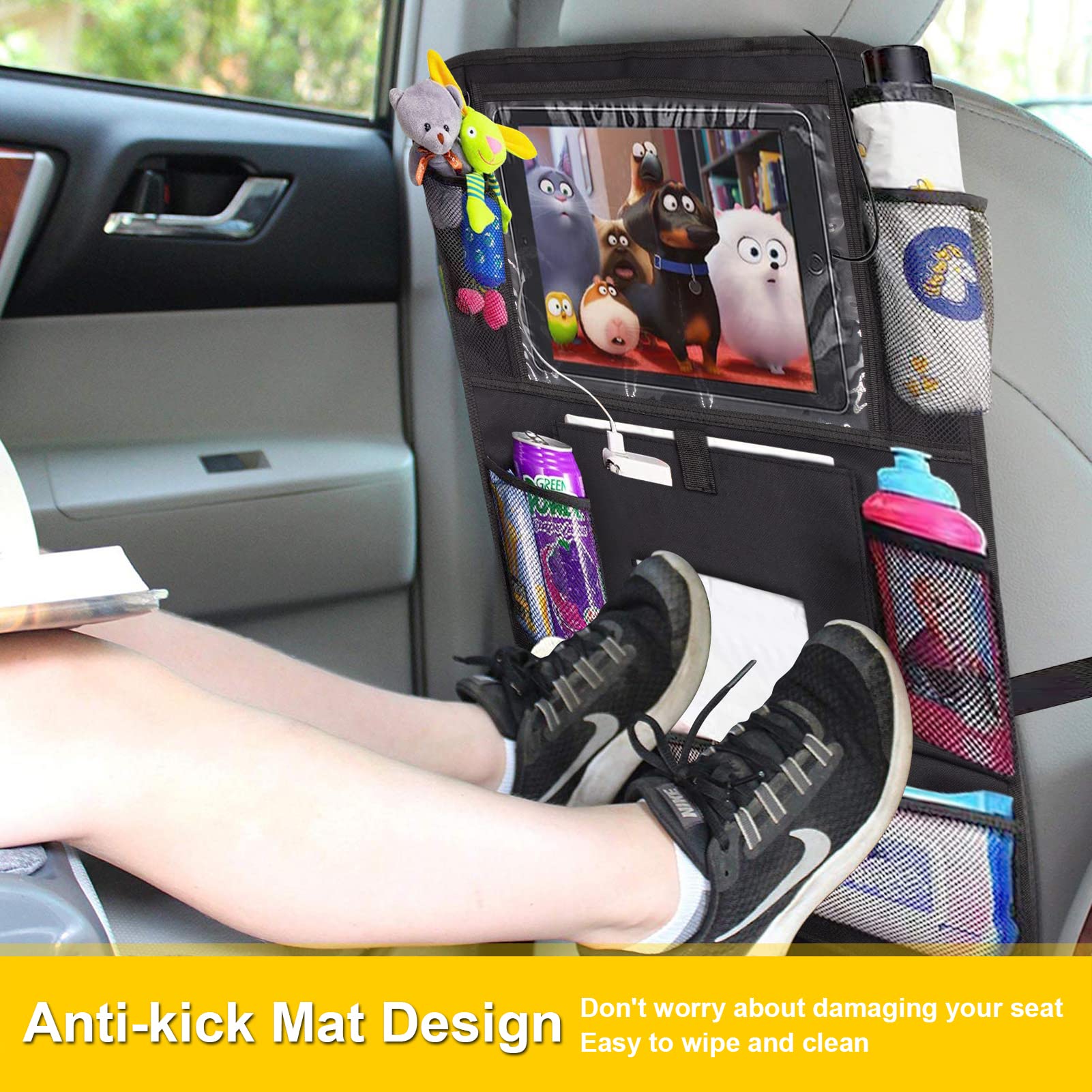 JUCAINHI Backseat Car Organizer 2 PCS - Black Storage with Touch Tablet Holder, Tissue Box, 8 Pockets & Charging Hole - Travel Essential for Kids