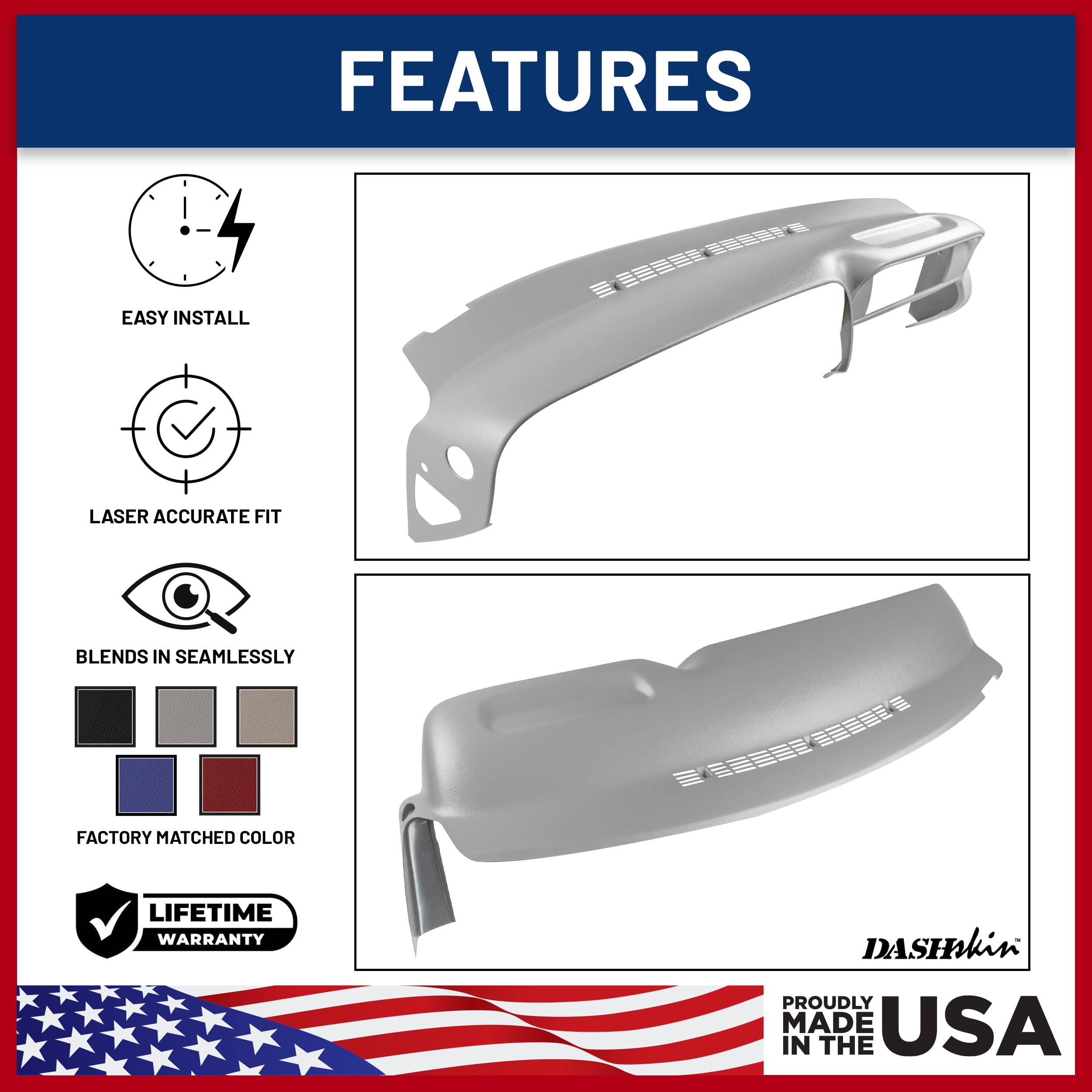 DashSkin Molded Hard Plastic Dash Cover for 1997-2000 C1500 K1500 Tahoe Suburban Yukon & Escalade, Medium Grey, Made in USA