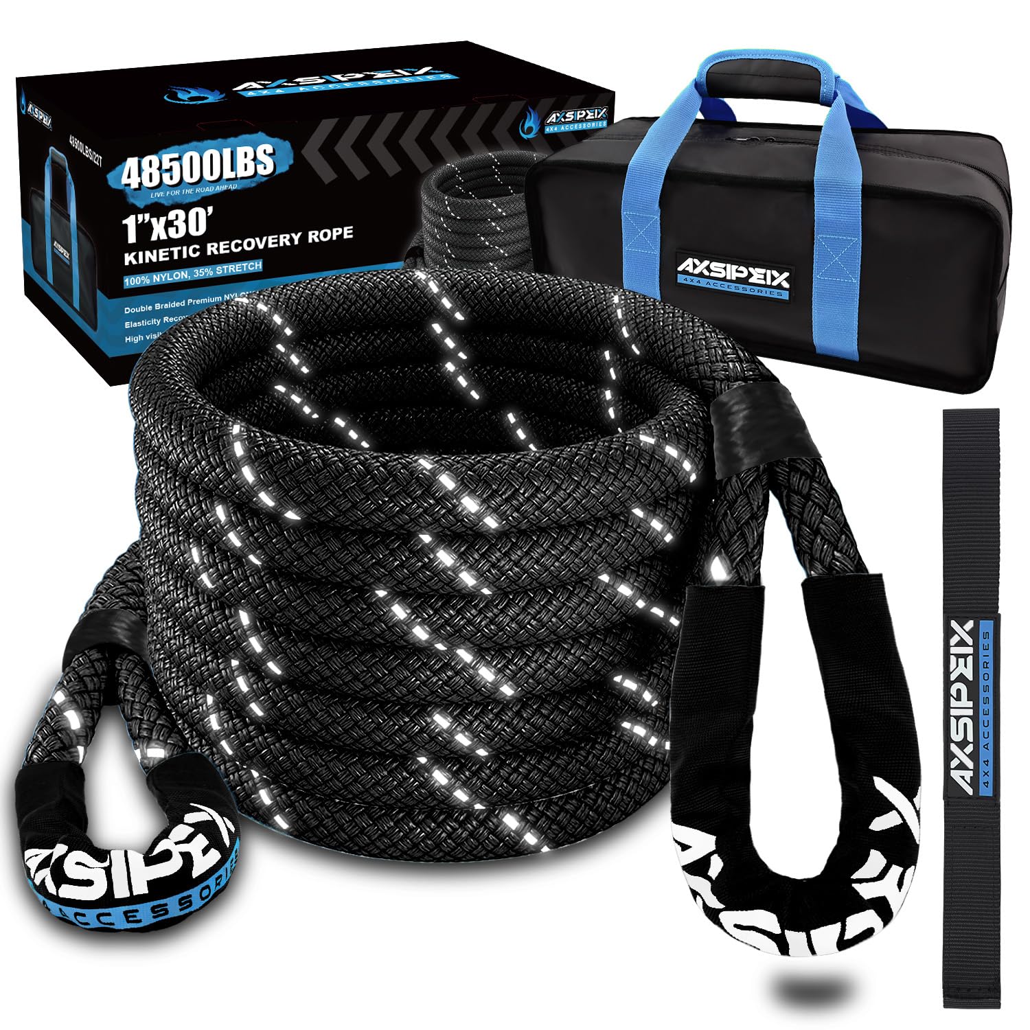Axsipeix 1''  30Ft Kinetic Recovery Rope (48,500Lbs) Heavy Duty Offroad Kinetic Rope For Utv, Atv, Truck, Car (Black).