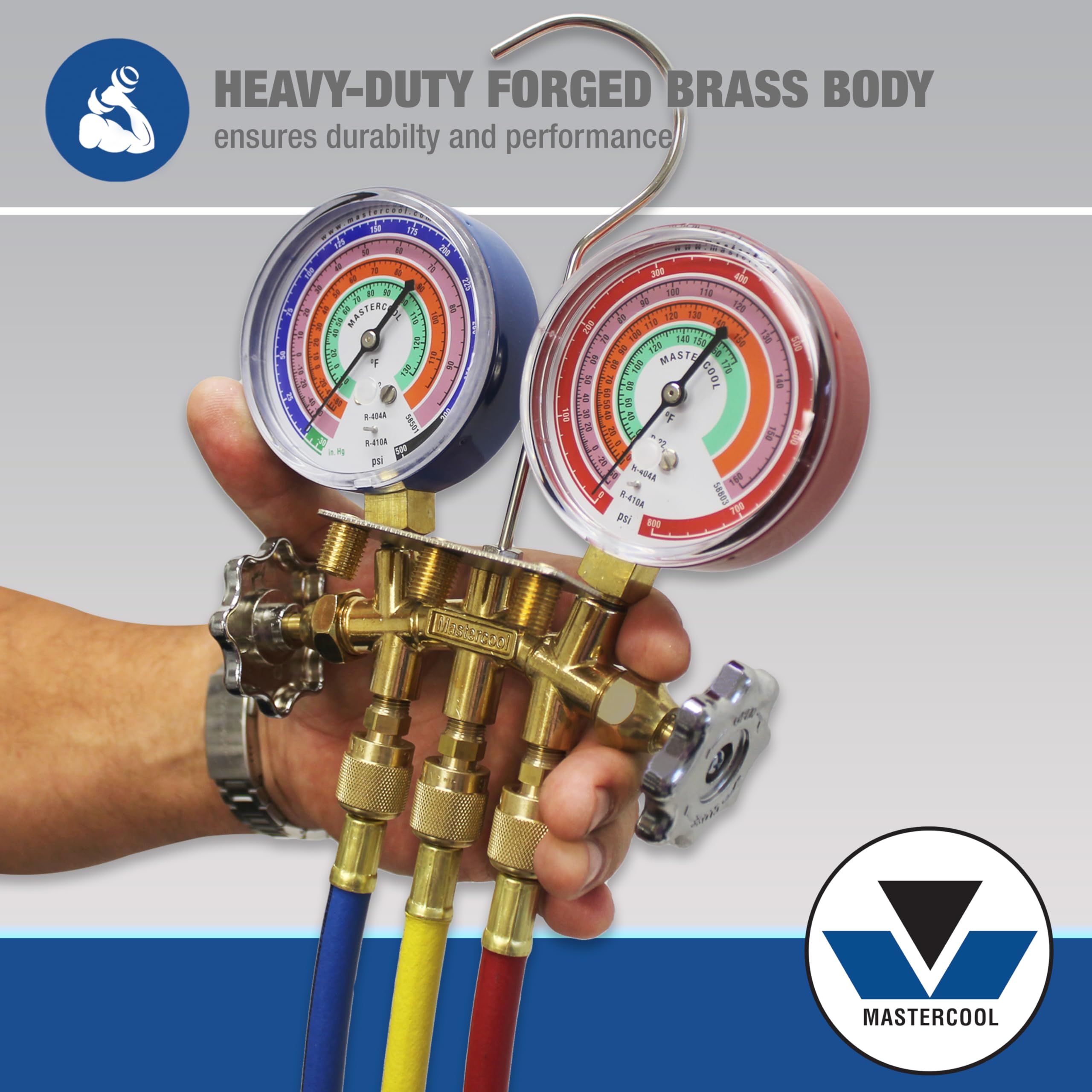 Mastercool 59161 2-Way Brass Manifold Gauge Set with 60" Hoses, Silicone Dampened Gauges for R410A, R22, R404A - U.S.