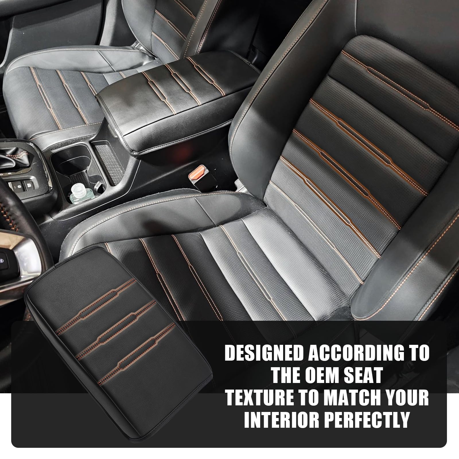 Muslogy Center Console Cover for 2023-2025 Honda CR-V, Vegan Leather, Extra Soft, Black/Orange Trim, Model MUS-CRVCCC3