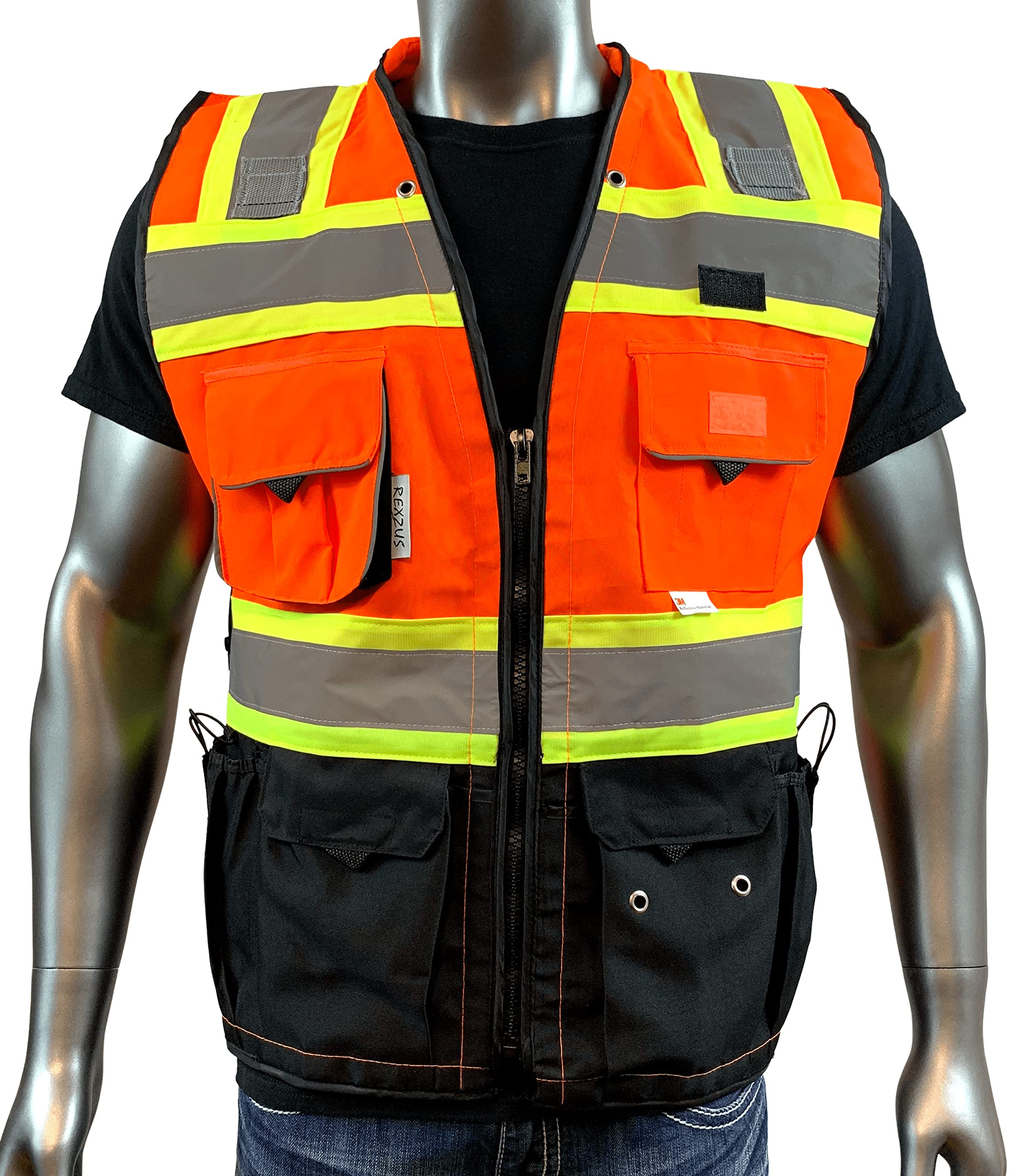 REXZUS Class 2 Safety Vest for Men, Medium, Orange/Black, Zipper & Utility Pockets, Premium Black Series