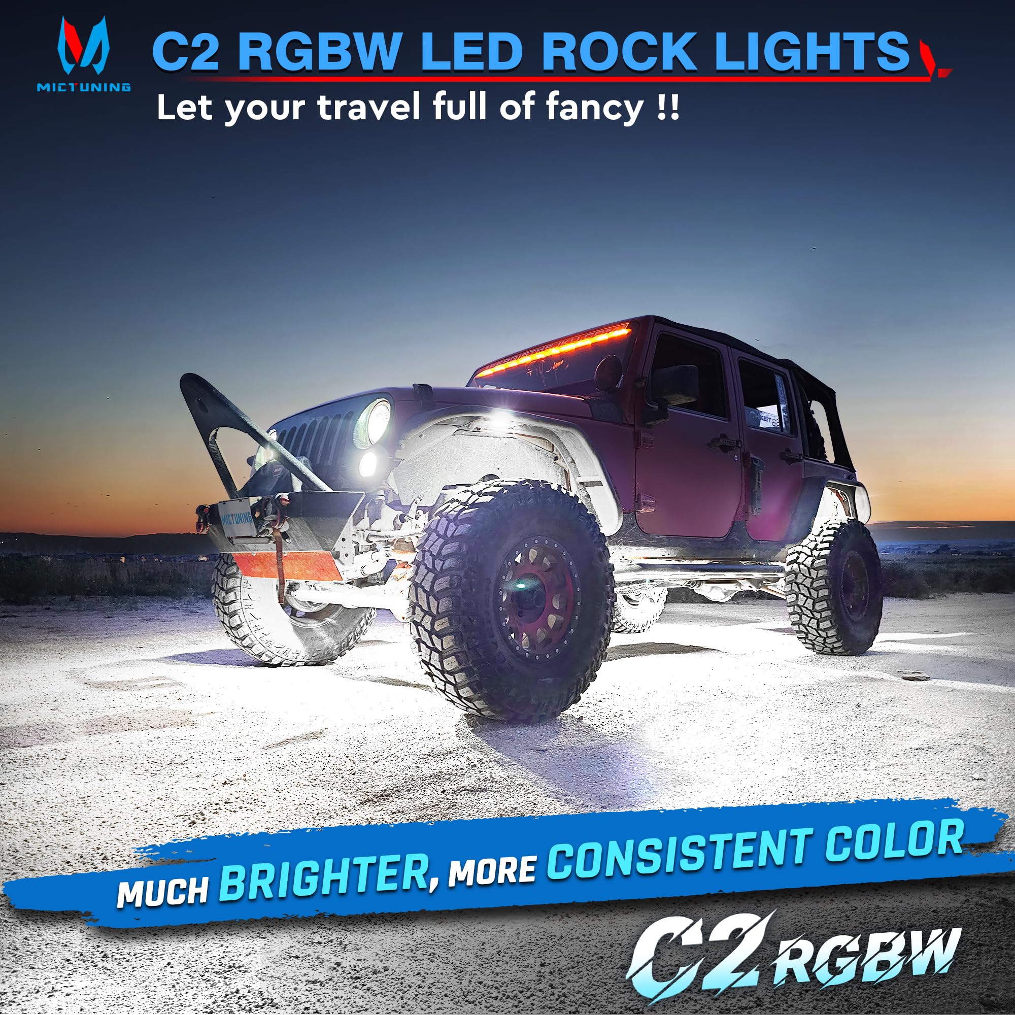 Mictuning C2 Curved Rgbw Led Rock Lights - 16 Pods Underglow Multicolor Neon Light With Wiring Switch Kit, Bluetooth Controller