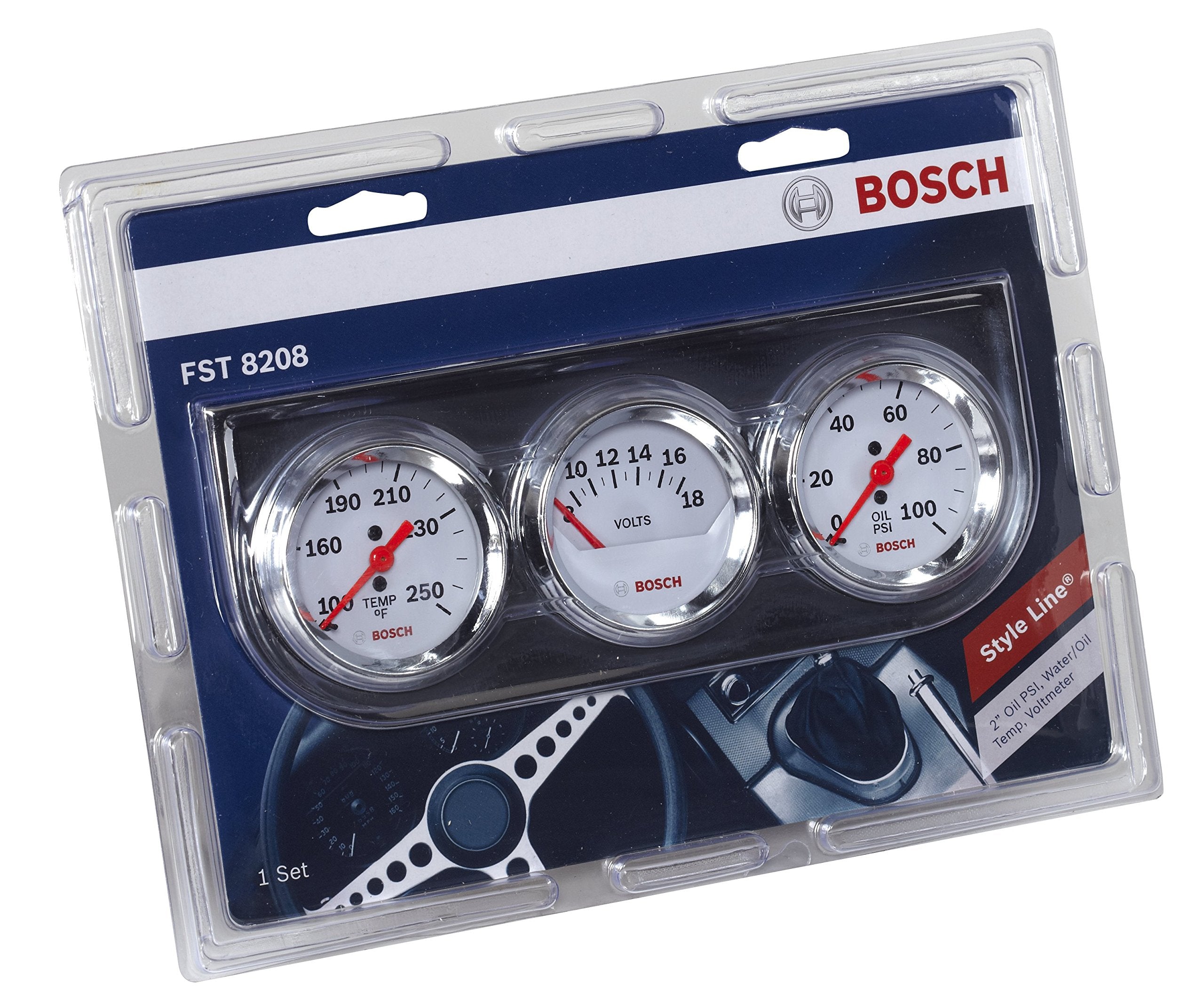 Bosch Automotive SP0F000046 Style Line 2" Triple Gauge Kit - White Dial Face, Chrome Bezel, Nylon Material