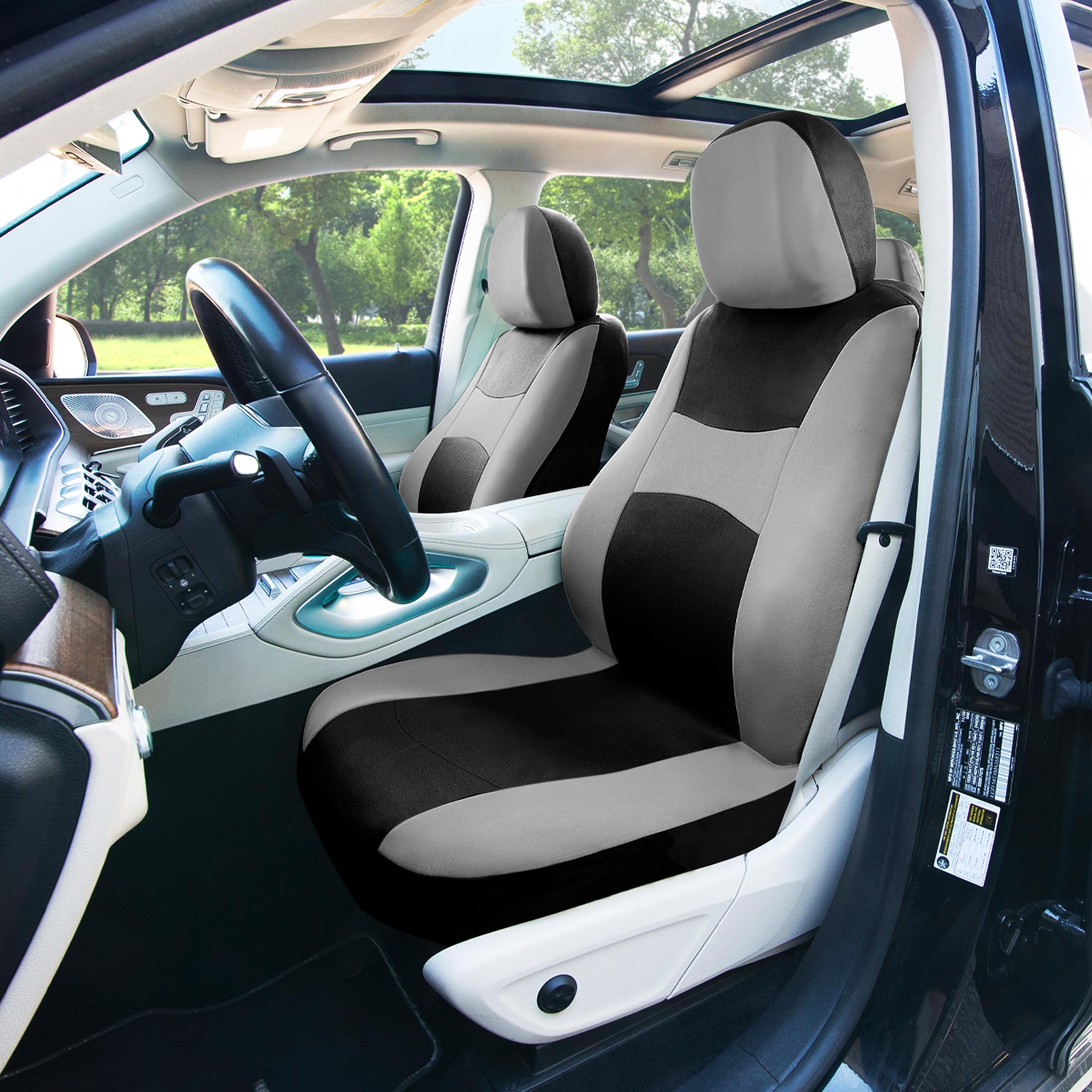 FH Group Car Seat Cover Light Breezy Gray Seat Cover Flat Foam Padding Cloth Full Set Automotive Seat Covers,Airbag Compatible &