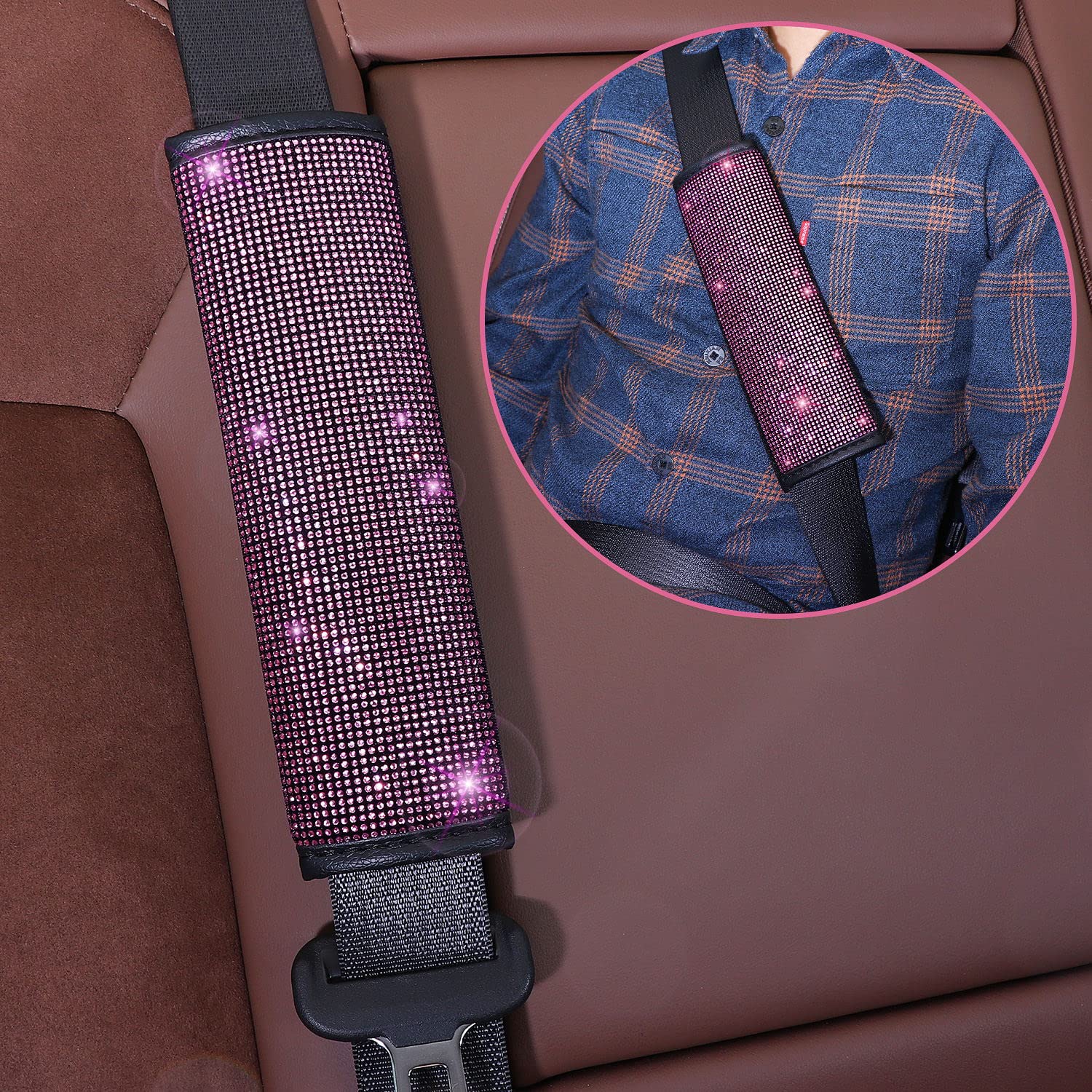 Tobequeen Bling Pink Steering Wheel Cover Set Bling Car Accessories Set,Steering Wheel Cover Fit 15Inch, Sparkling Shoulder Pad, Rhinestone Gear Shift Cover And Cup Holder, 7 Pack, Pink