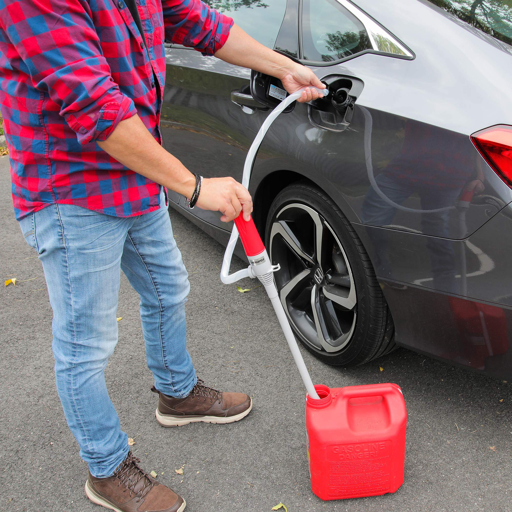DEWAY Automatic Fuel Transfer Pump - 3X Powerful, D Battery Powered, Extra Long Hose, Grey, Model WAYPUMP13, 2.4 Gal/Minute