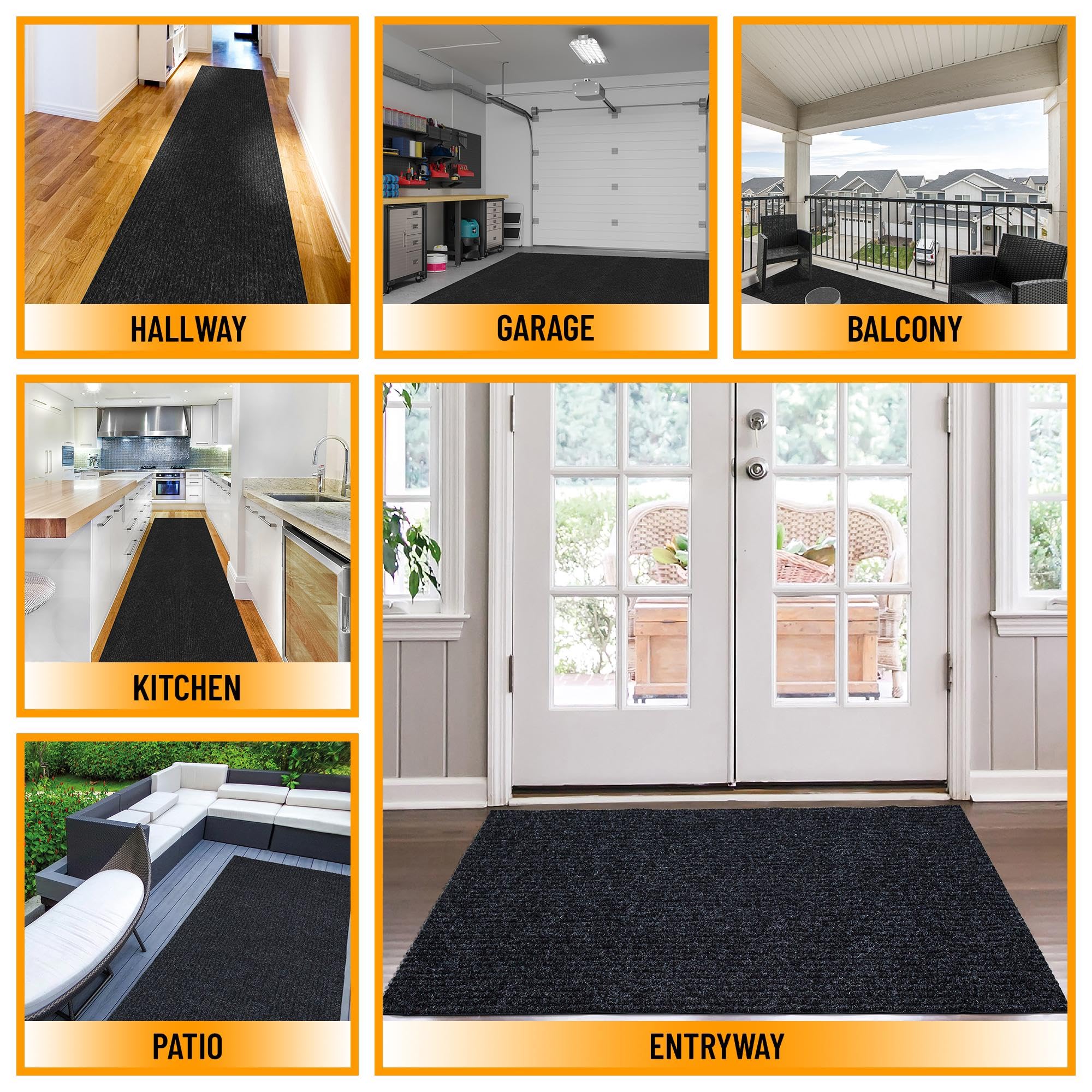 Ottomanson 2'7 x 14' Scrape Rib Non-Slip Rubberback Waterproof Runner Rug - Black for Hallway, Kitchen, Living Room, Garage, Patio
