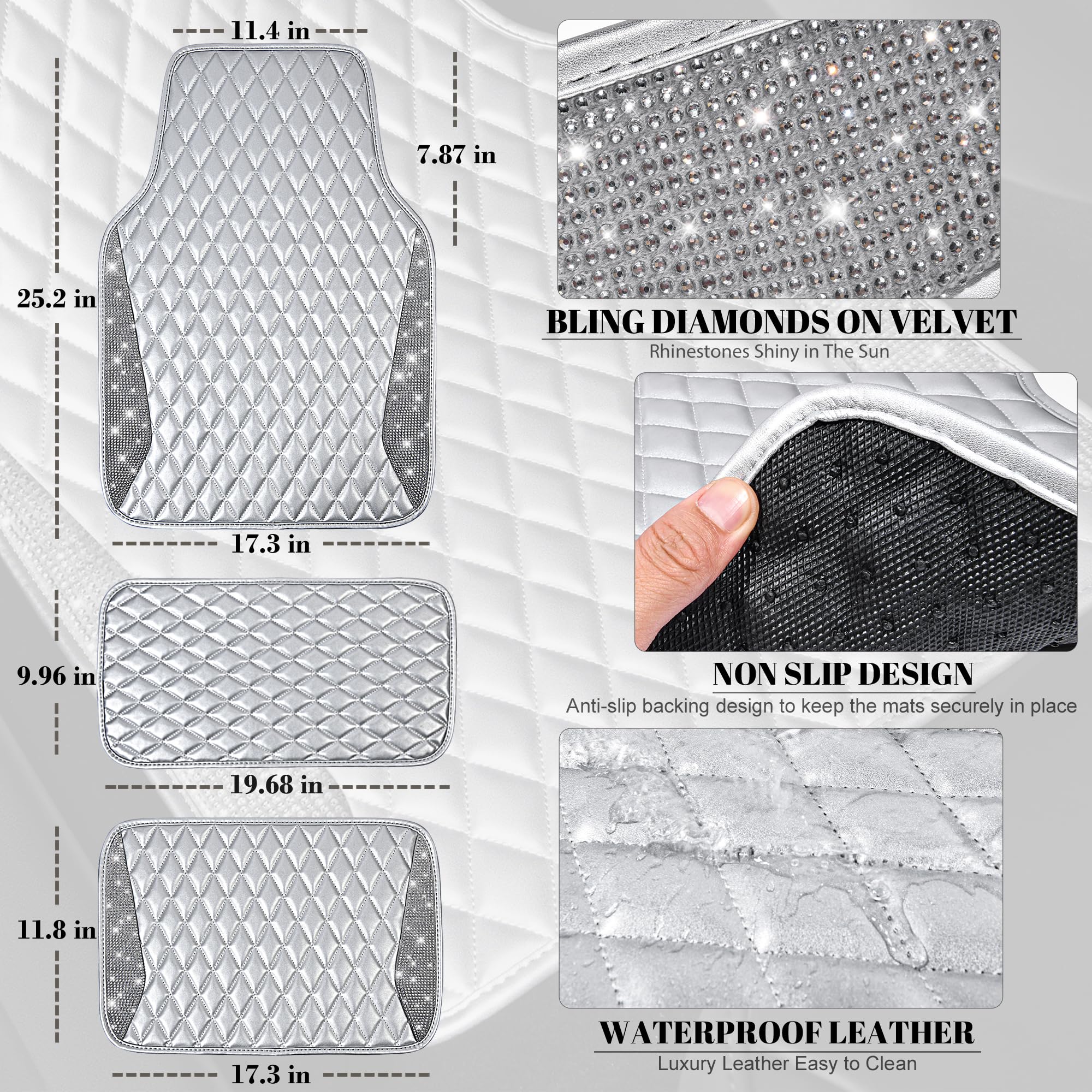 CAR PASS Bling Leather Car Mats Shining Diamond Floor Mats Crystal Rhinestone Sparkly Glitter Carpet Anti-Slip Waterproof Pad Un