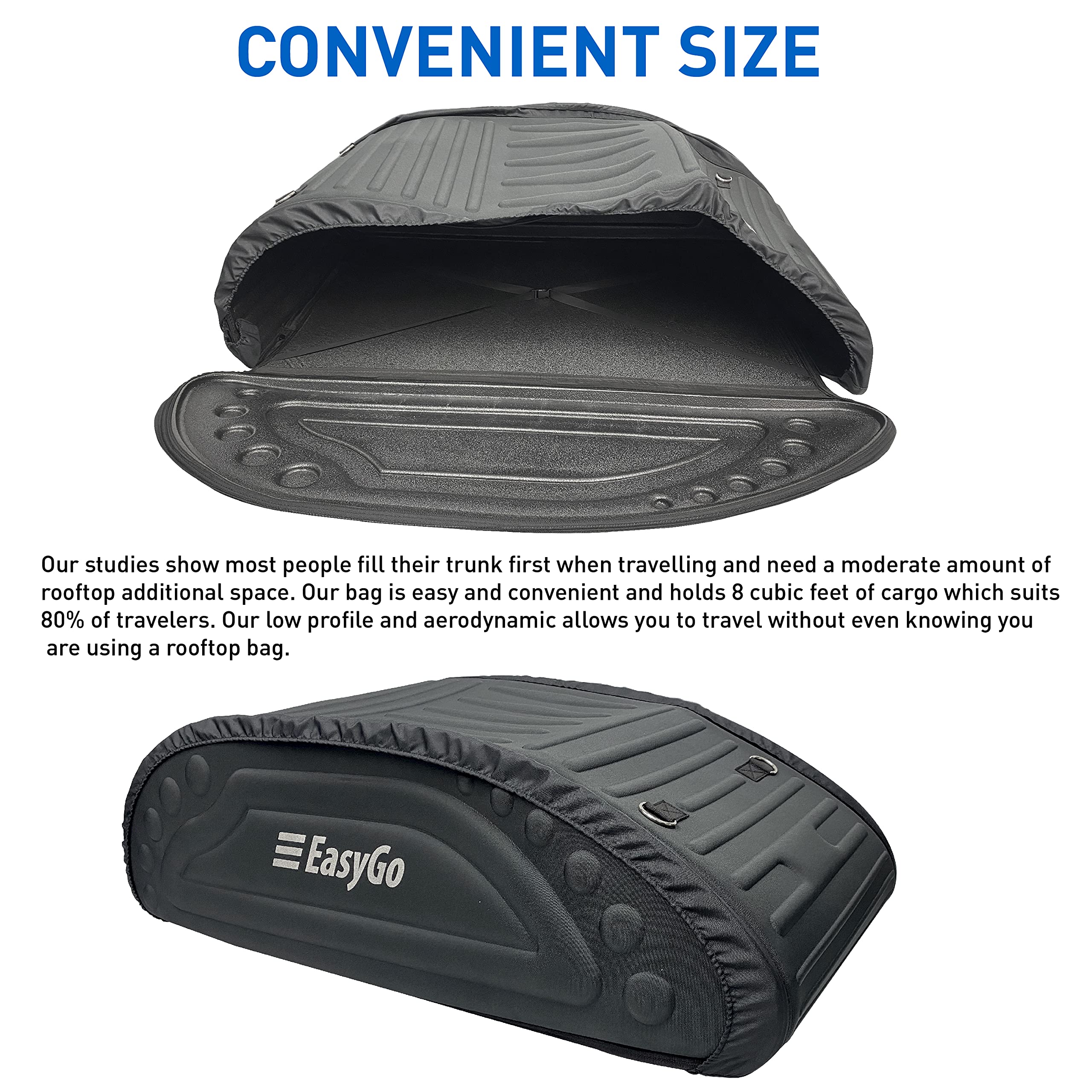 EASYGO Aerodynamic Rooftop Cargo Carrier Bag - 8 Cubic Feet, Soft Black Luggage for SUVs with/Without Rack