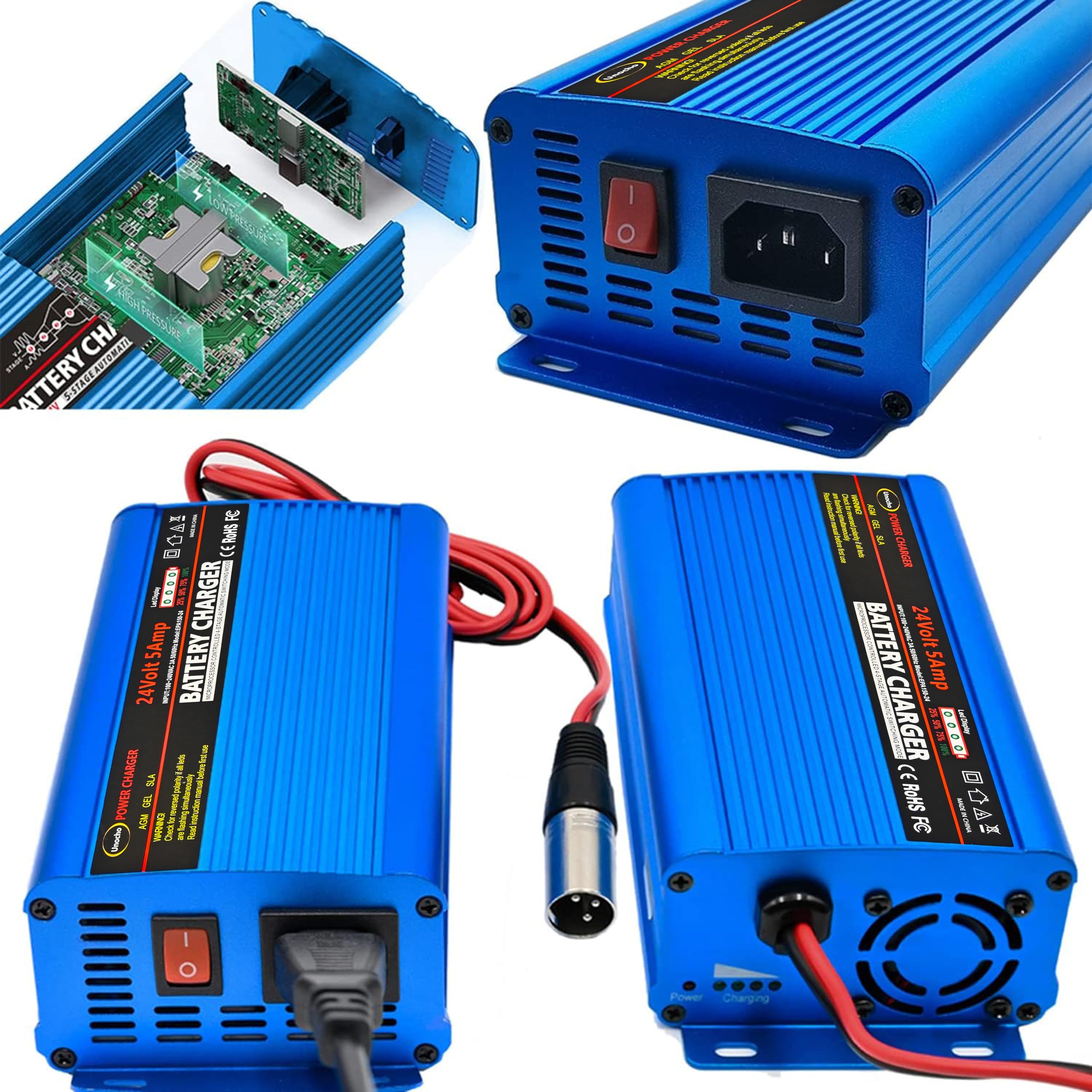 Unocho 24V Automatic Smart Battery Charger 5A with XLR Connector for AGM Gel Lead-Acid Batteries - Blue Model EPA150-24