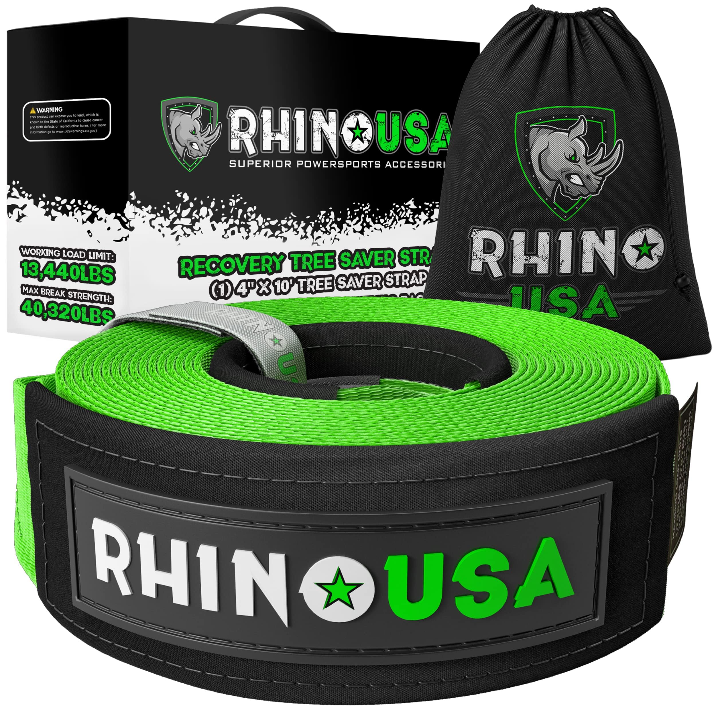Rhino Usa Tree Saver Tow Strap (4'' X 10') - 40,320Lb Break Strength - Emergency Recovery Strap Winch Extension For Truck, Utv, 