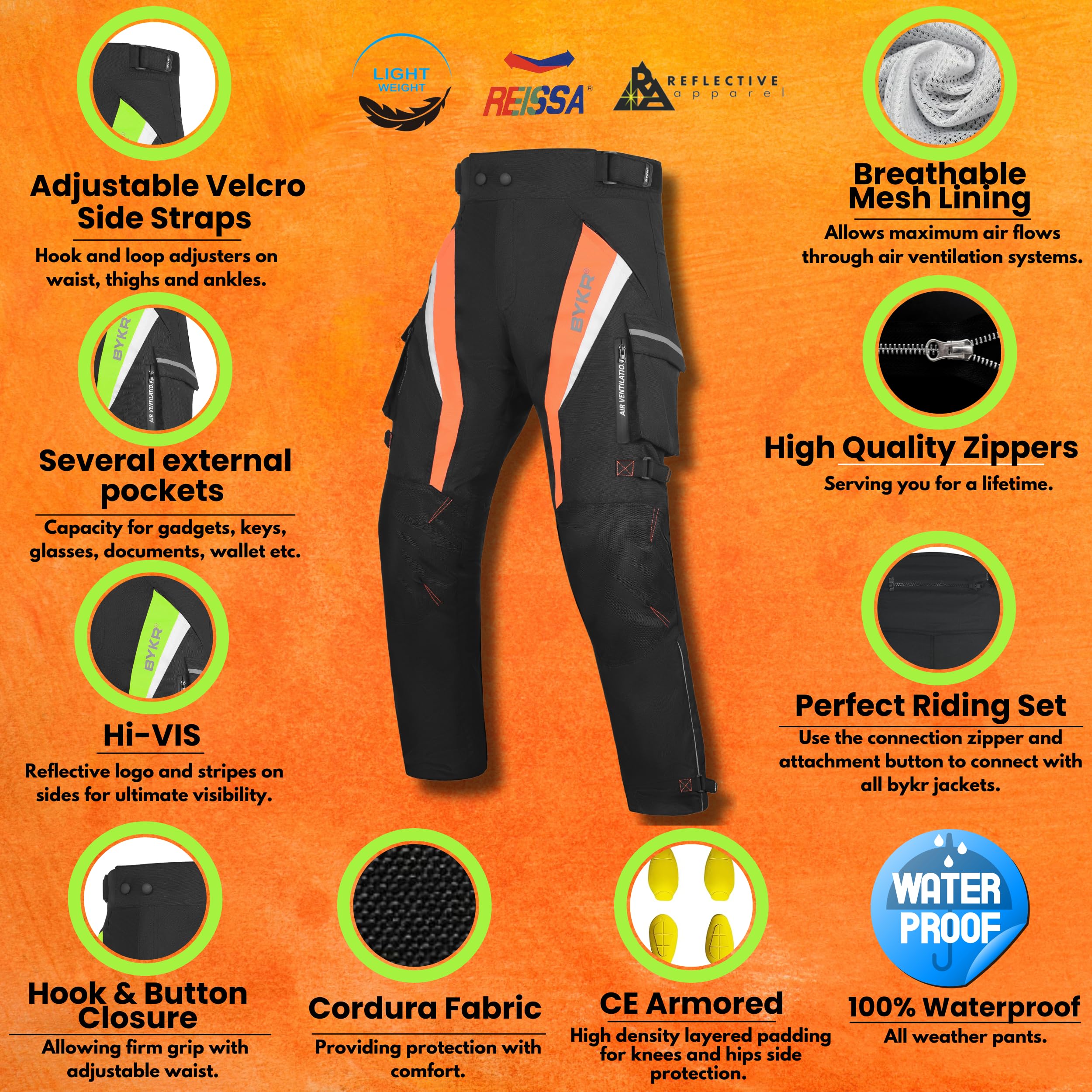 BYKR Motorcycle Pants for Men & Women, Armored Cordura, Waterproof, Hi Viz, Size 30W x 34L, Orange, Model BYKR 1M