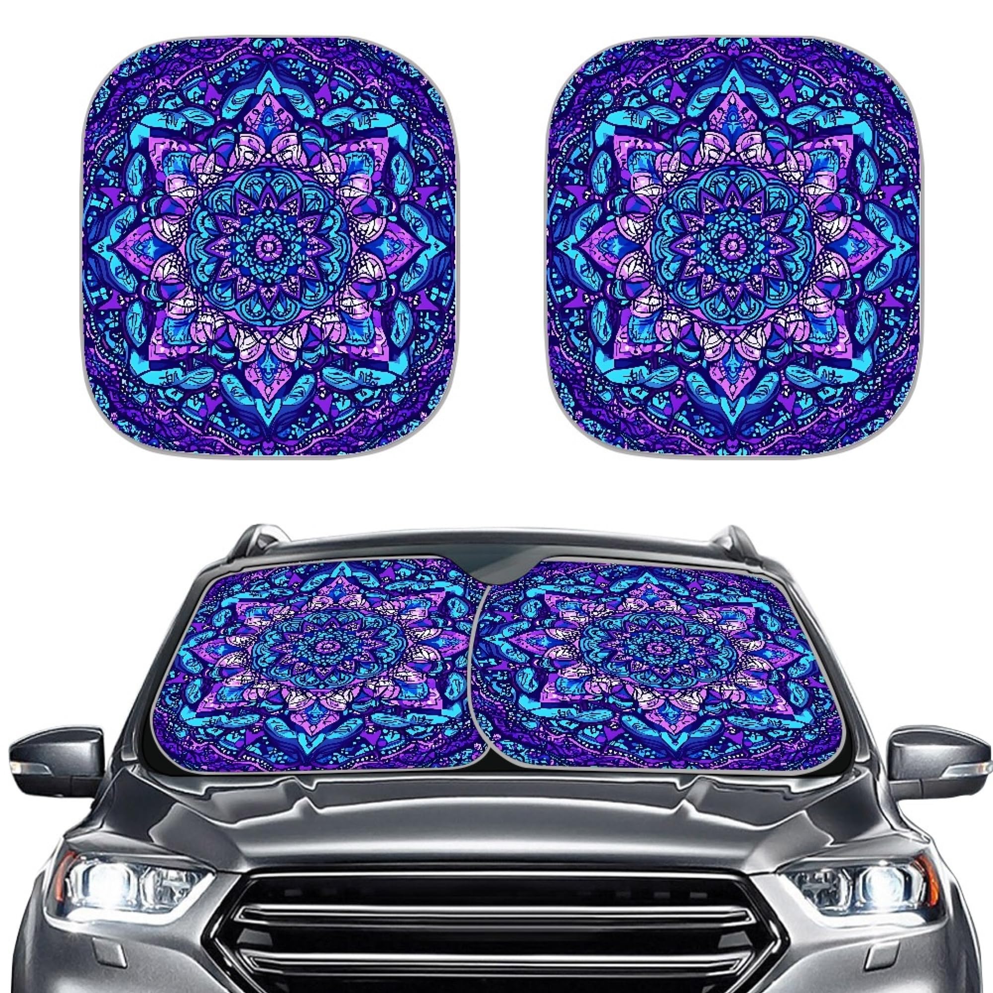 HUISEFOR Mandala Purple Windshield Sun Shade for Auto, Purple Car Sunshade Sun Visor Front Windshield Cover, Great for Outdoor T