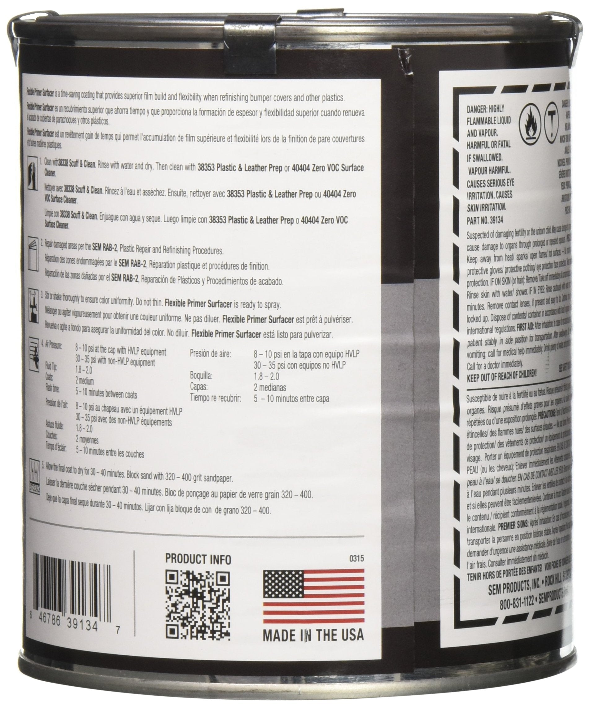 SEM Flexible Primer Surfacer, 1 Quart, Gray, Model 39134, Solid Material
