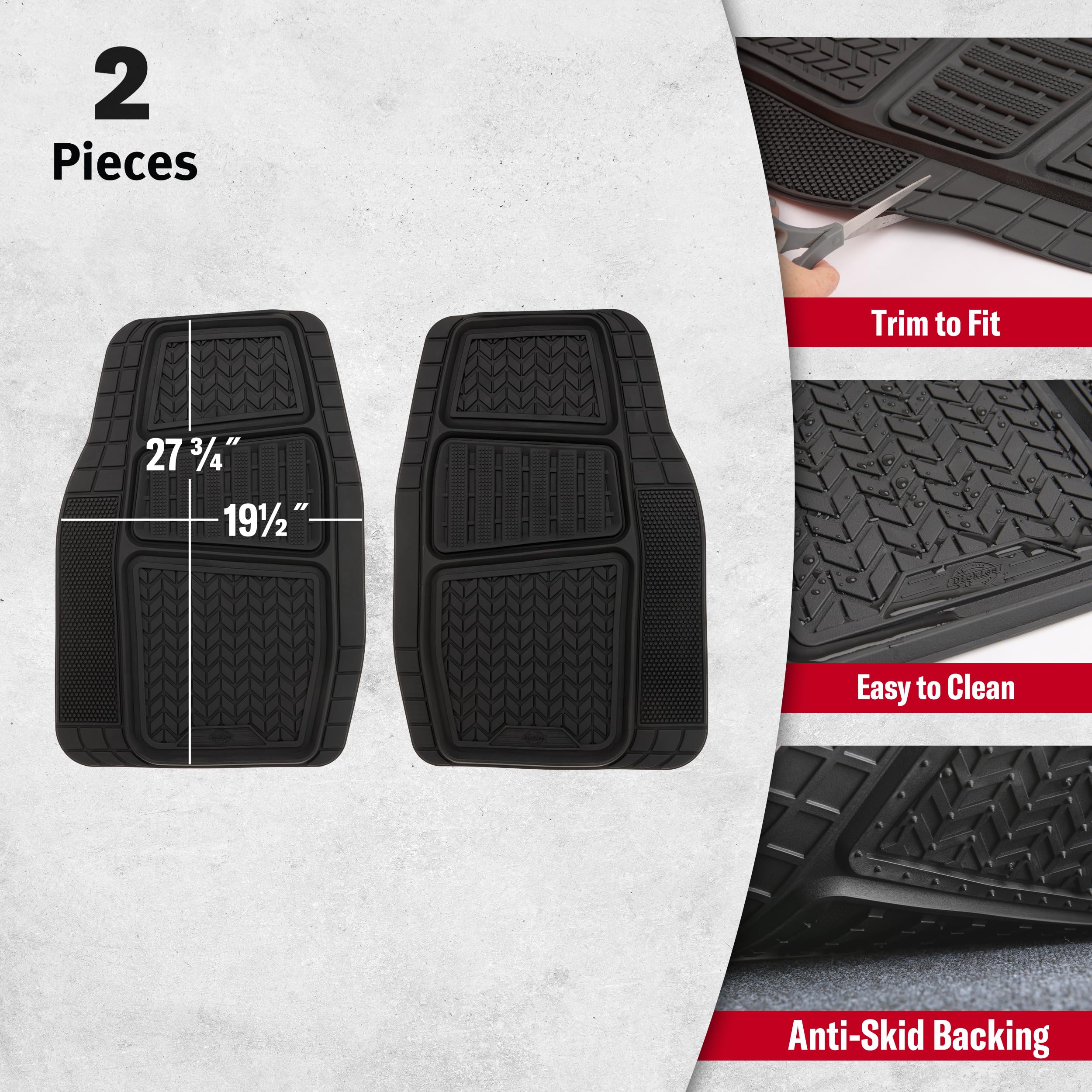 Dickies 2-Piece DuraSport Deep-Tray Floor Mats, Heavy-Duty Floor Mats for Cars, All-Weather Car Mats, Trim-to-Fit Mats for Cars,