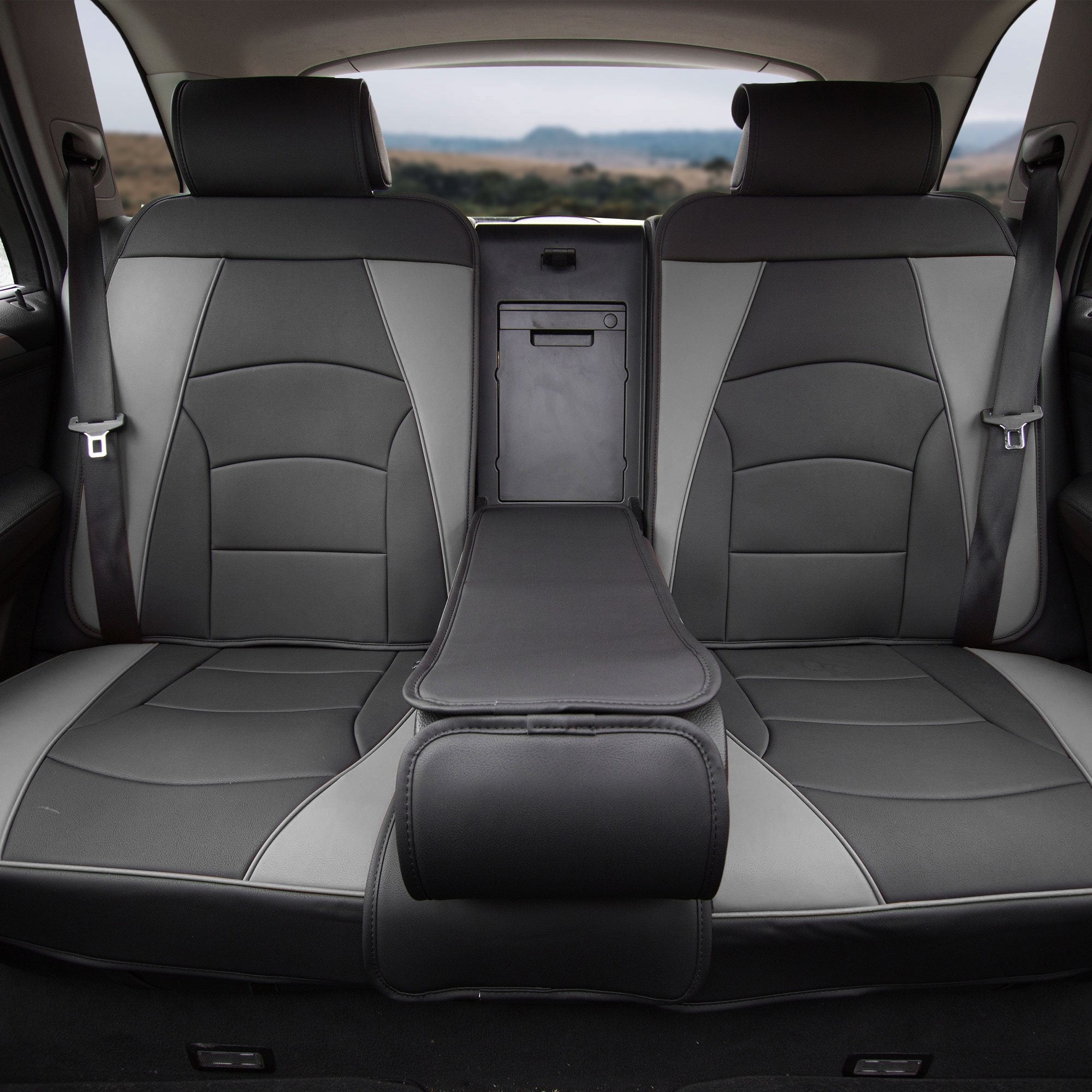 Fh Group Car Seat Cover For Back Seat Gray Black Faux Leather - Universal Fit, Rear Seat Covers For Cars With Rear Split Bench,