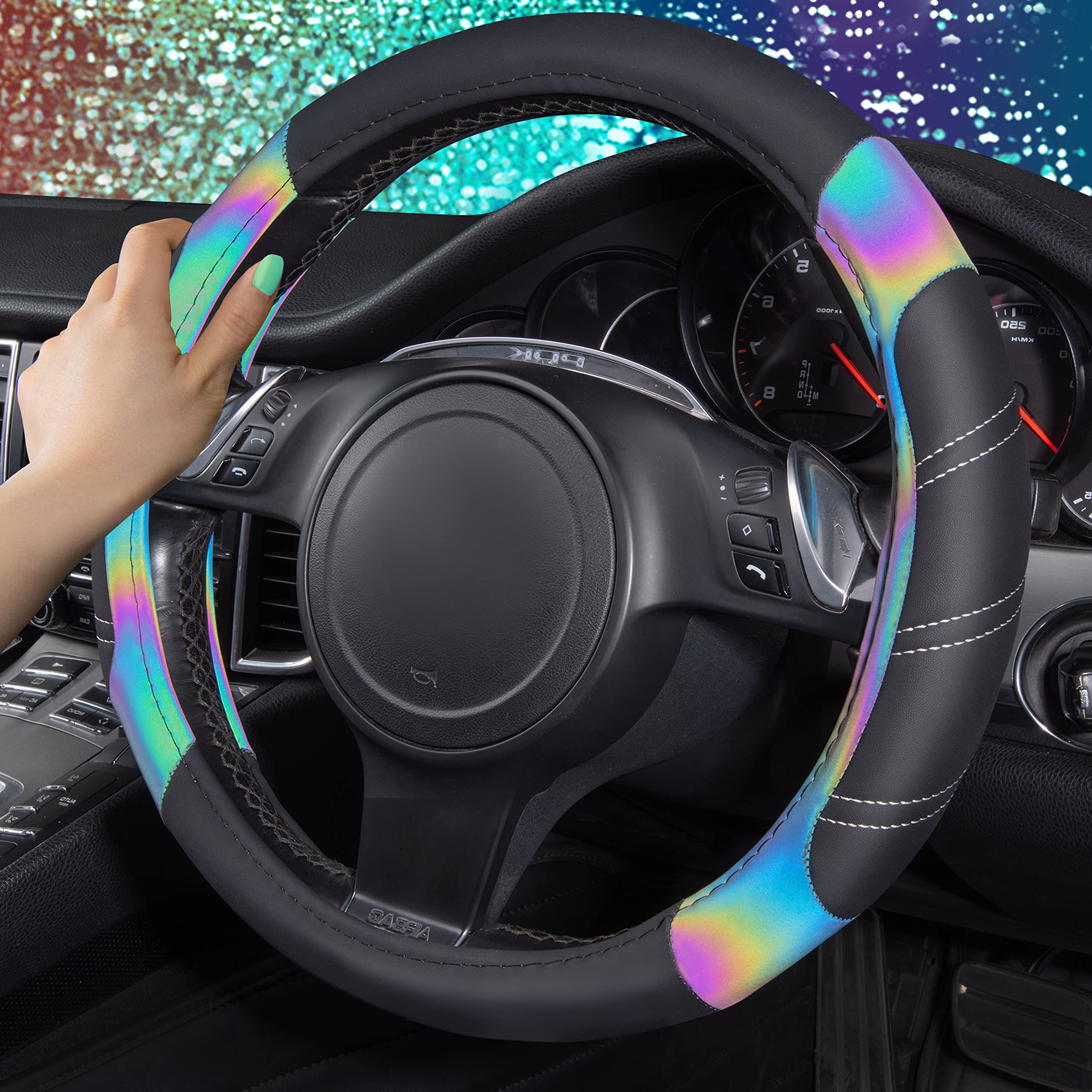 Car Pass Line Rider Microfiber 15.5-16 Inch Leather Sporty Steering Wheel Cover Universal Fits For 95% Truck,Suv,Pickup, Anti-Sl