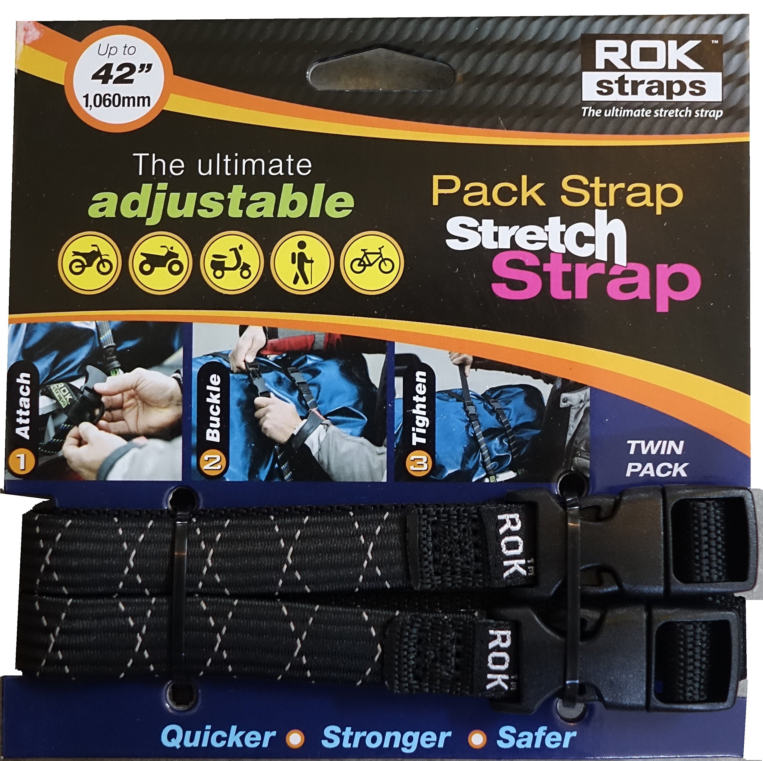 ROK Straps Adjustable Stretch Strap, 12" - 42", Black/Reflective, Model ROK-10358, Metal Material
