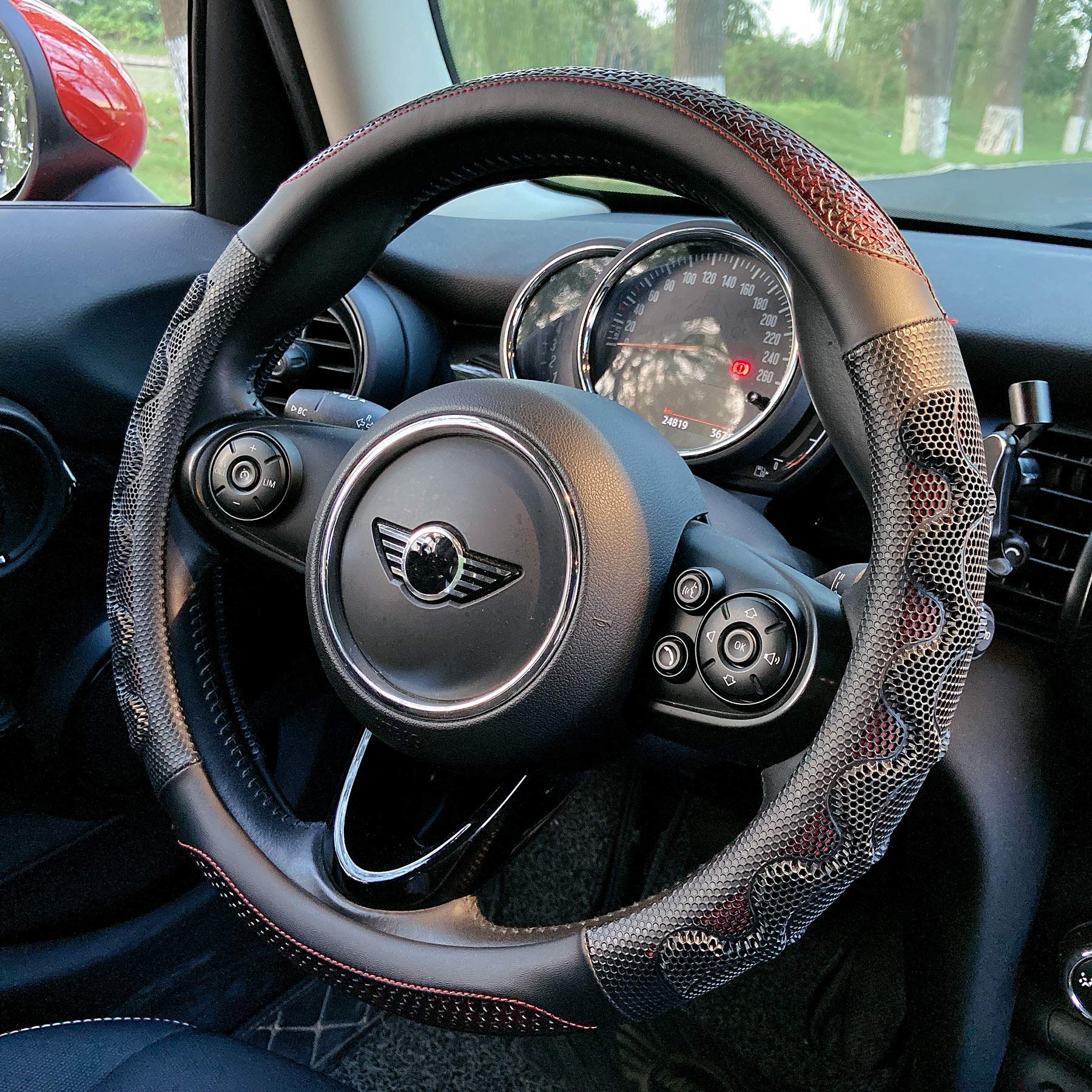 Pinctrot Steering Wheel Cover Great Grip With 3D Honeycomb Anti-Slip Design, Universal 14.5-15 Inch (Wine Red)