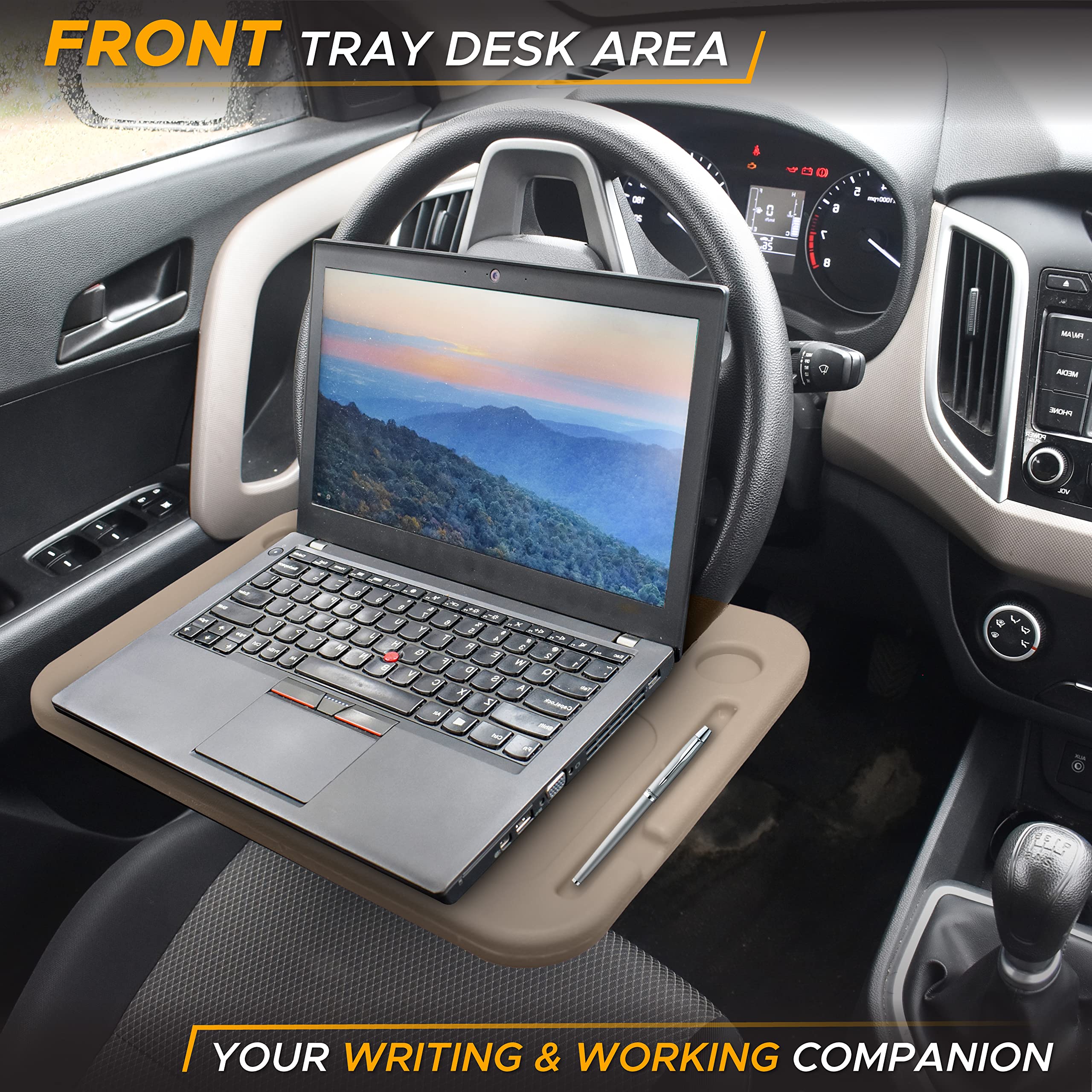 Econour 2 In 1 Car Steering Wheel Desk (Beige) | Steering Wheel Tray For Laptop Car Mount With Pen Holder | Car Food Tray For Ea