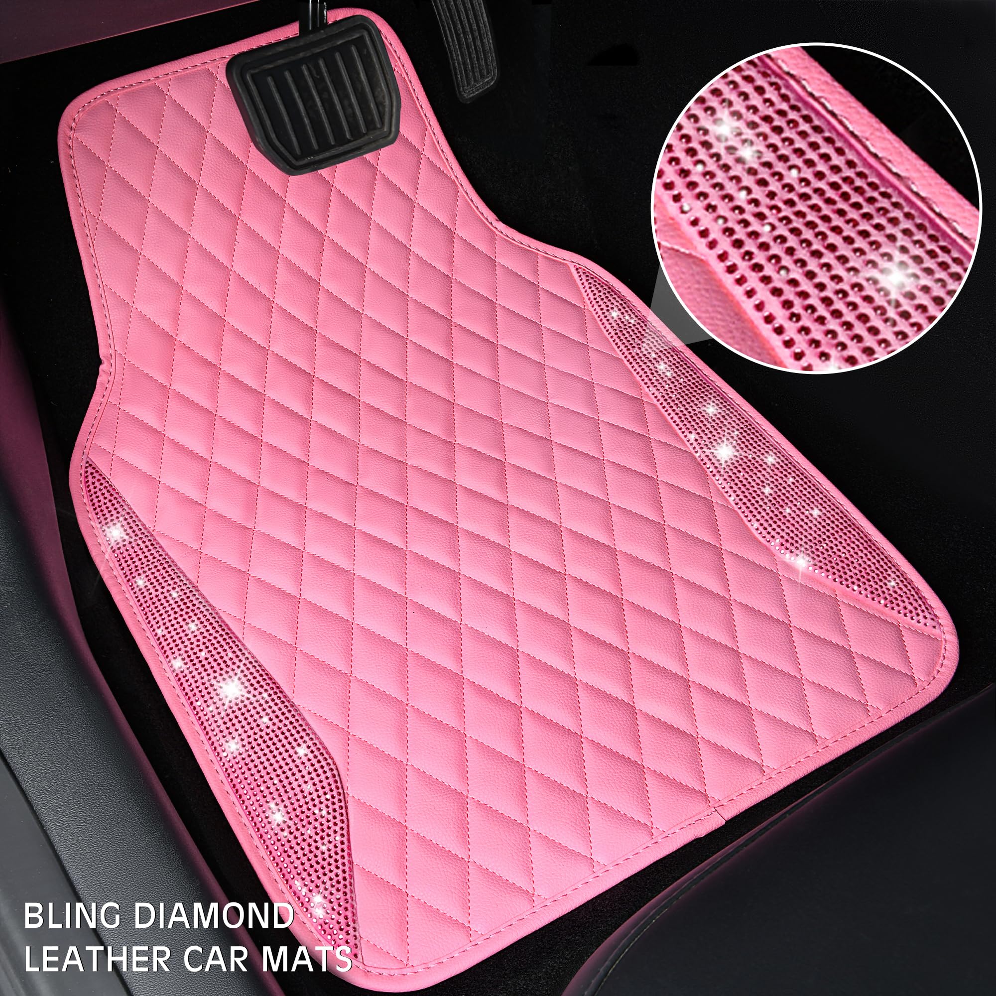 Car Pass Bling Leather Car Mats Shining Diamond Floor Mats Crystal Rhinestones Sparkly Glitter Carpet Anti-Slip Waterproof Pad U
