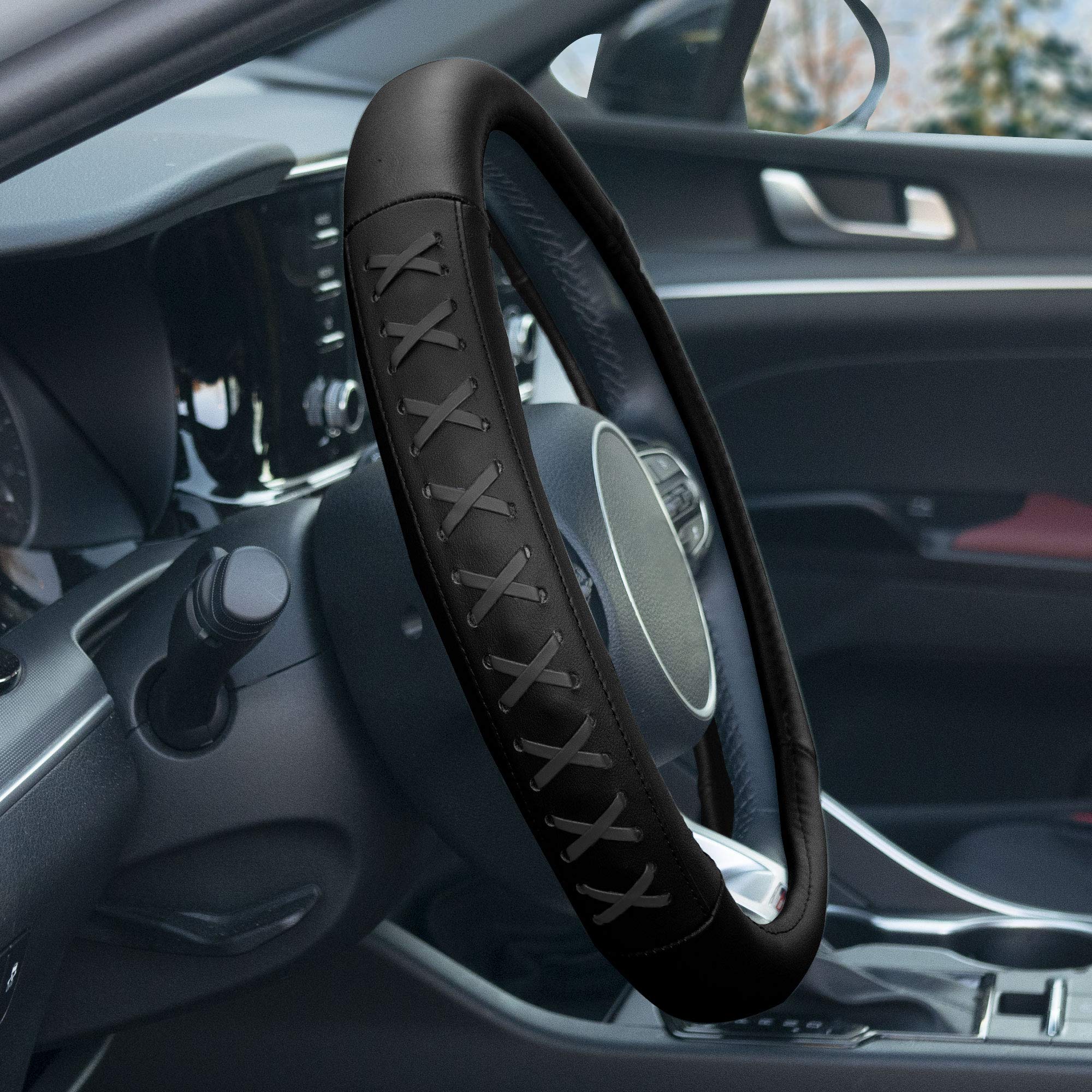 Fh Group Universal Fit 15 Inch Genuine Leather With Lace-Up Detailing Steering Wheel Cover Fits Most Cars, Suvs, And Trucks Gray