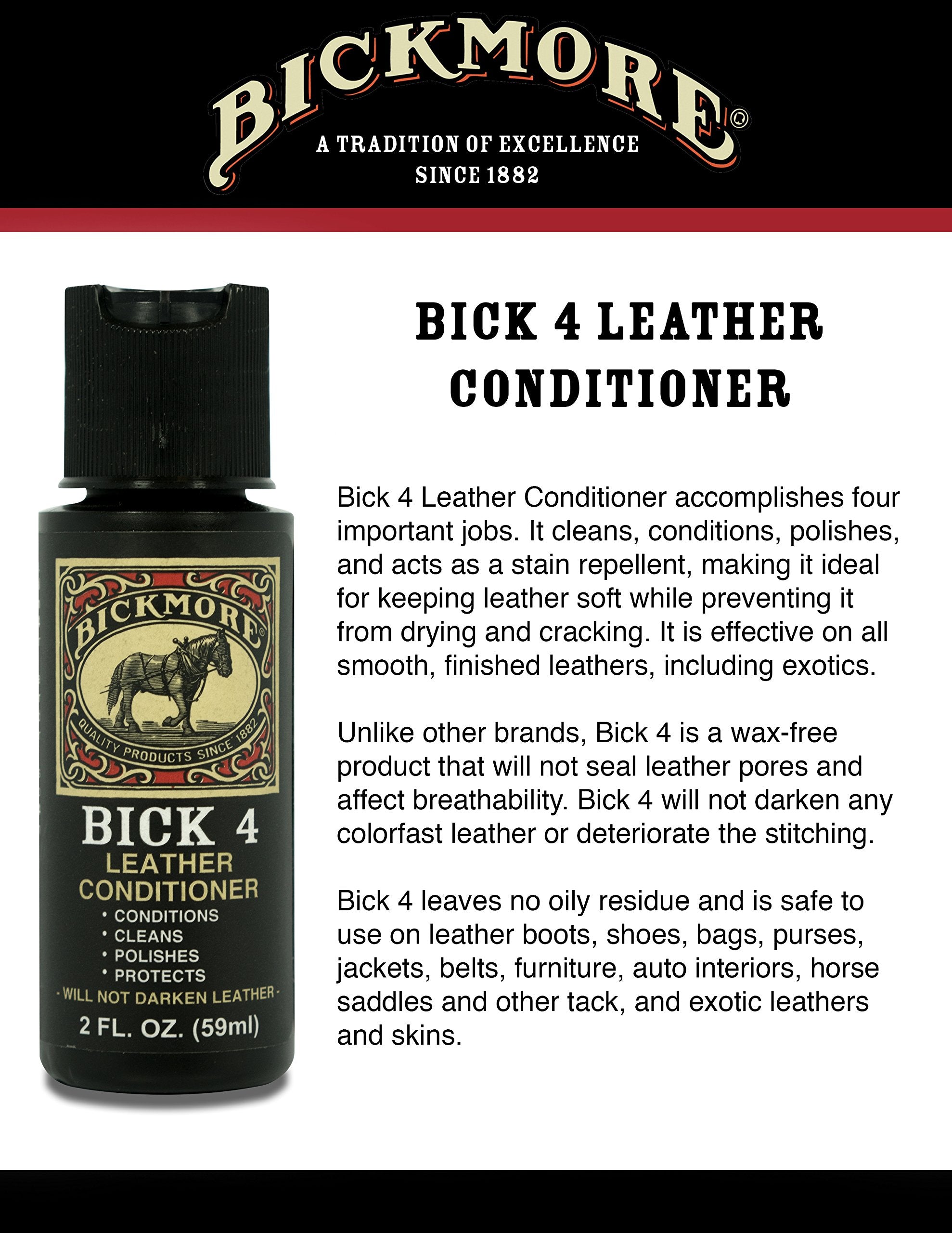 Bickmore Bick 4 Leather Conditioner & Cleaner - 2 oz, Safe for All Colors, Non-Darkening, Ideal for Leather Apparel, Shoes, Bags & More