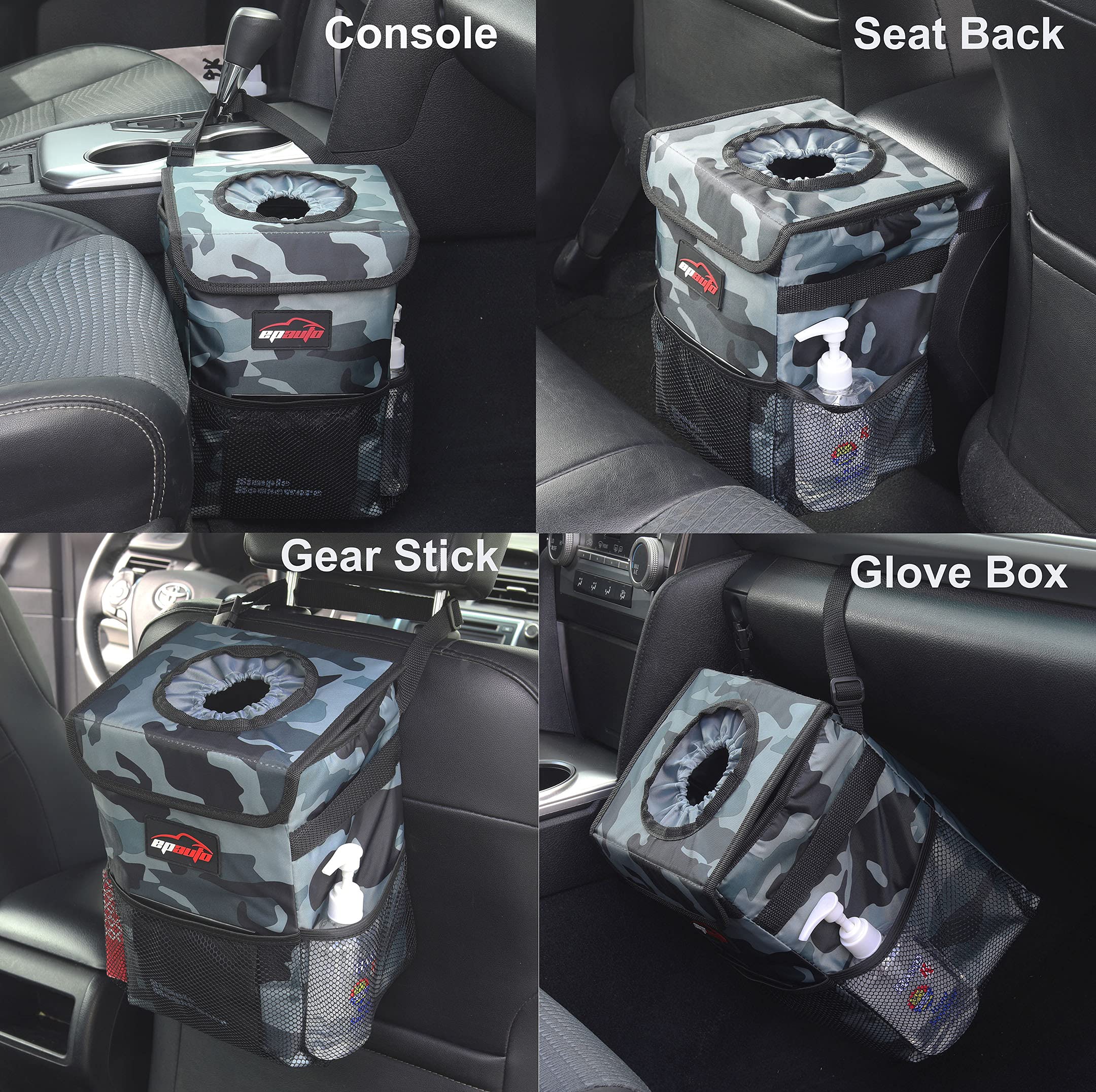EPAuto Waterproof Car Trash Can with Lid, Storage Pockets, Vinyl-Lined, Camouflage Grey, Model AO-02C-G