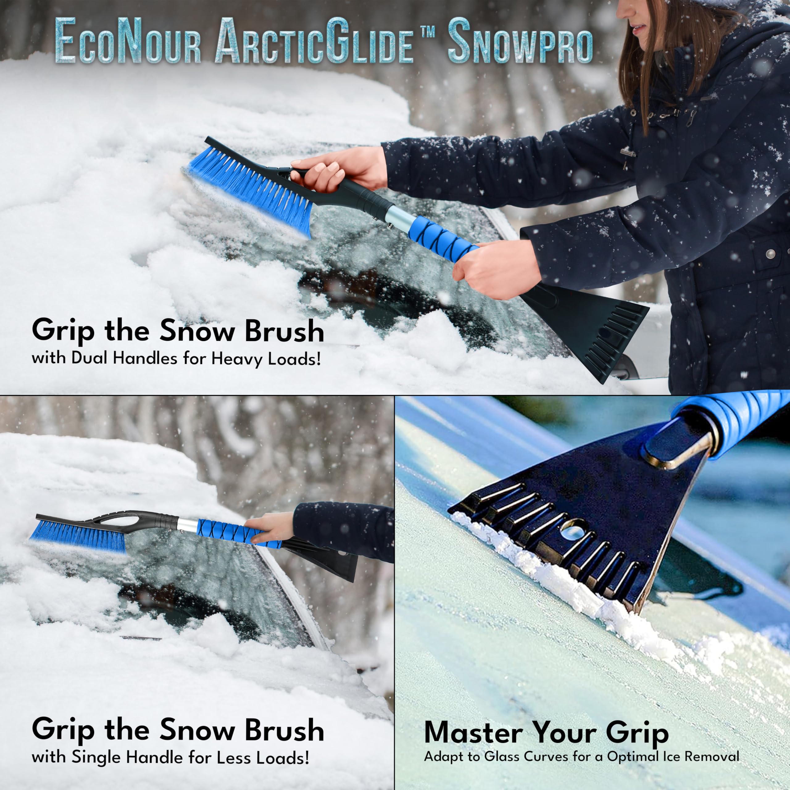 Econour 27'' Car Snow Brush And Ice Scrapers For Car Windshield (2 Pack) | Scratch Free Bristle Head Snow Brush & Tough Window S