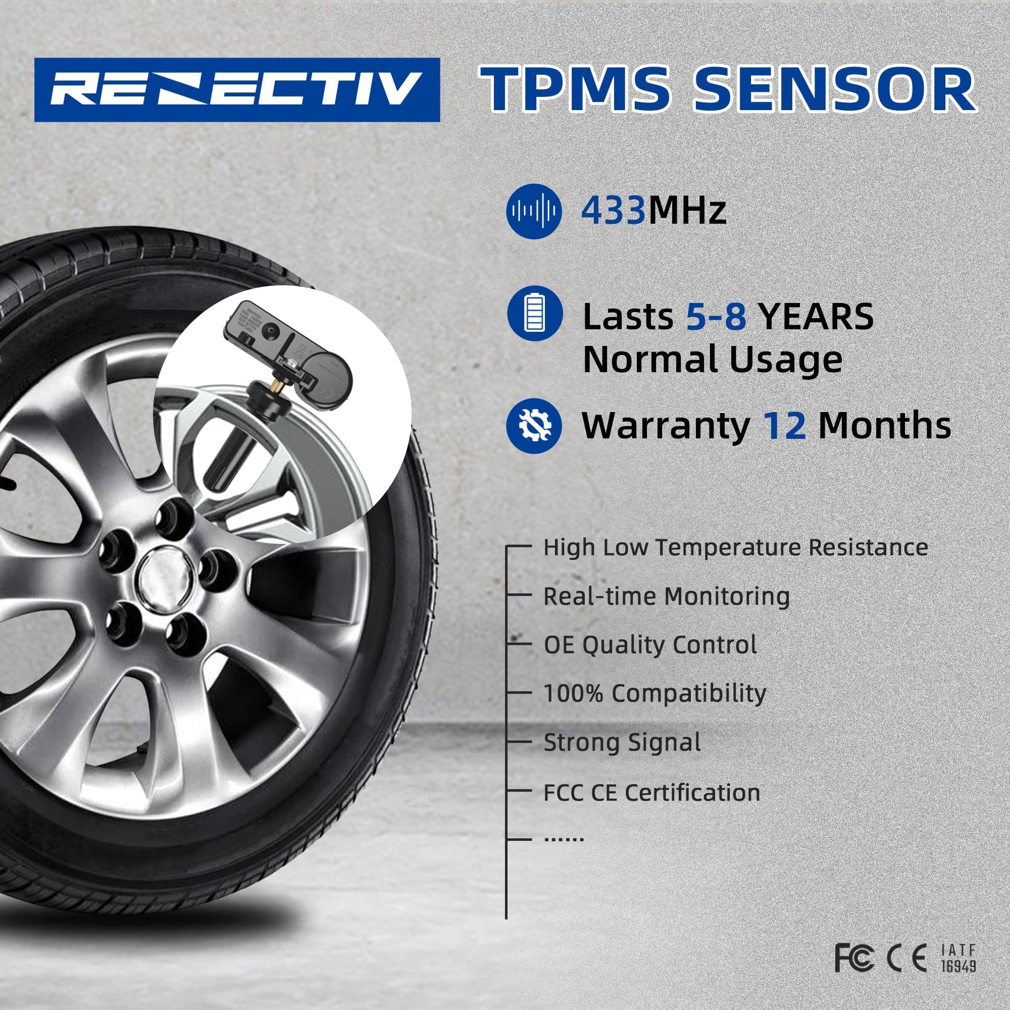 RENECTIV TPMS Sensor 433Mhz Tire Pressure Monitoring System for Chrysler Jeep Dodge Ram - 4-Pack, Model R6012-4, Battery Included