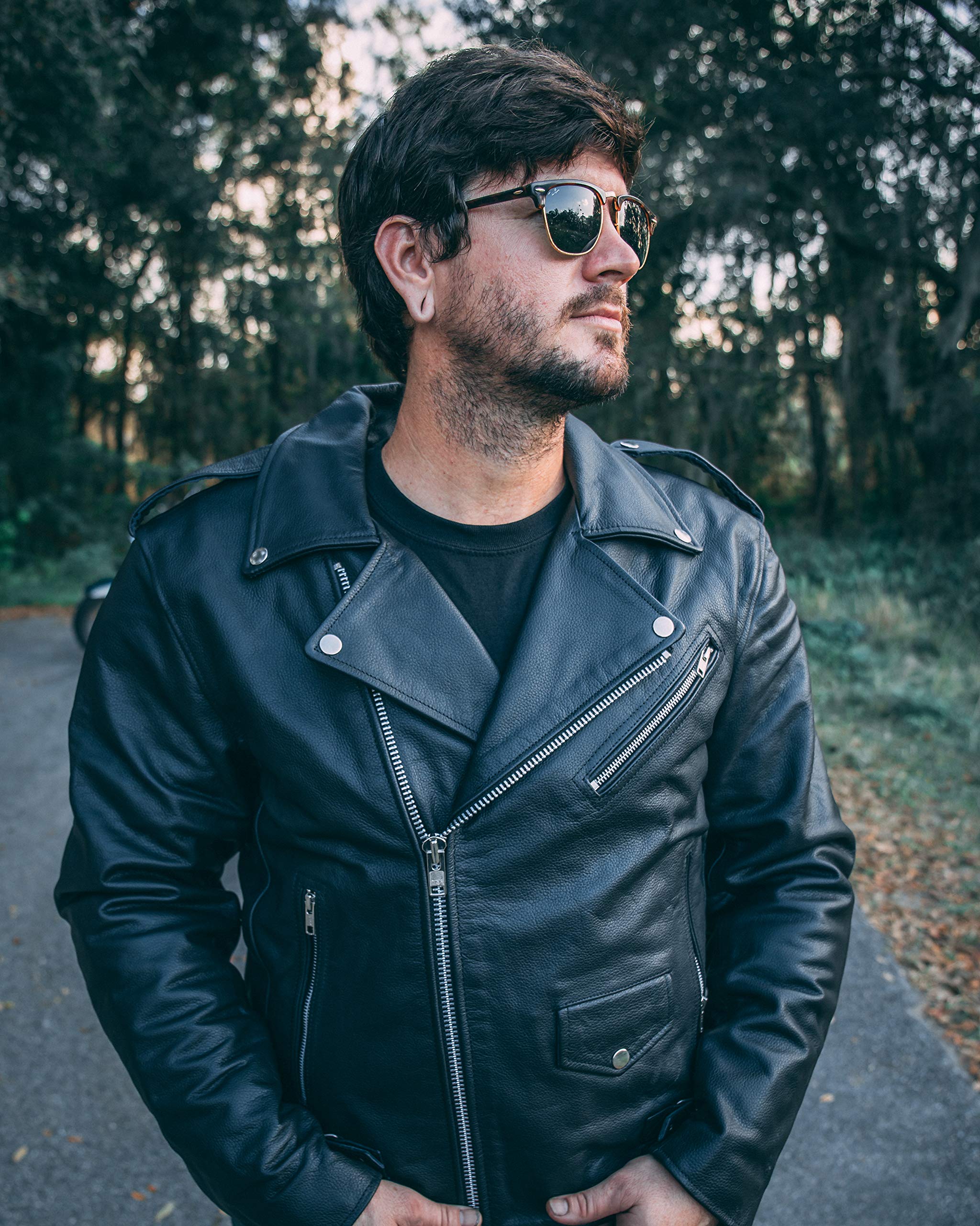 HWK Brando Leather Motorcycle Jacket for Men, Black, XX-Large, Genuine Leather, Removable CE Armor, Weather Resistant