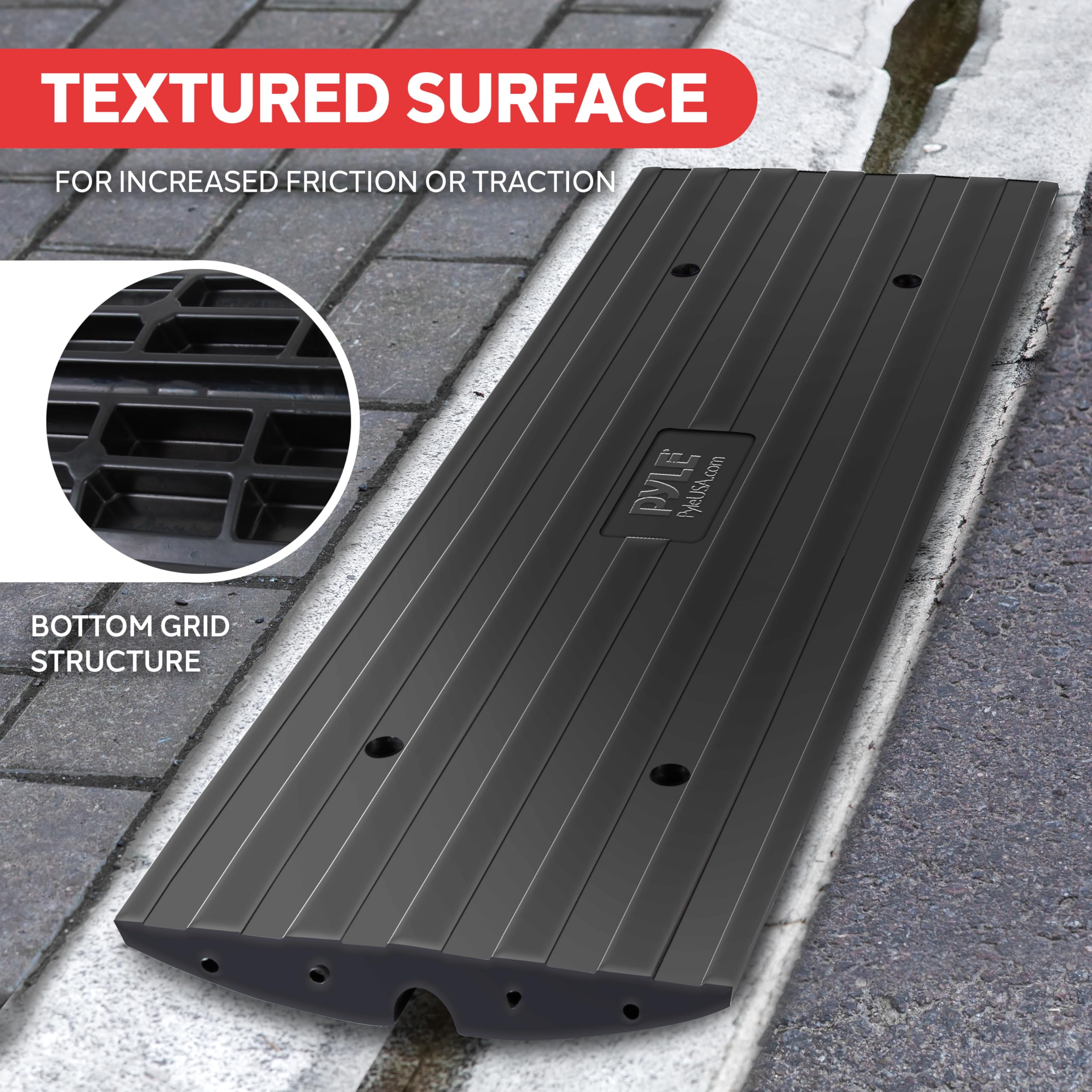 Pyle Car Vehicle Curbside Driveway Ramp - 4Ft Heavy Duty Rubber Threshold Bridge Tracks Curb Ramps, 2 Pieces Set (For Car, Truck