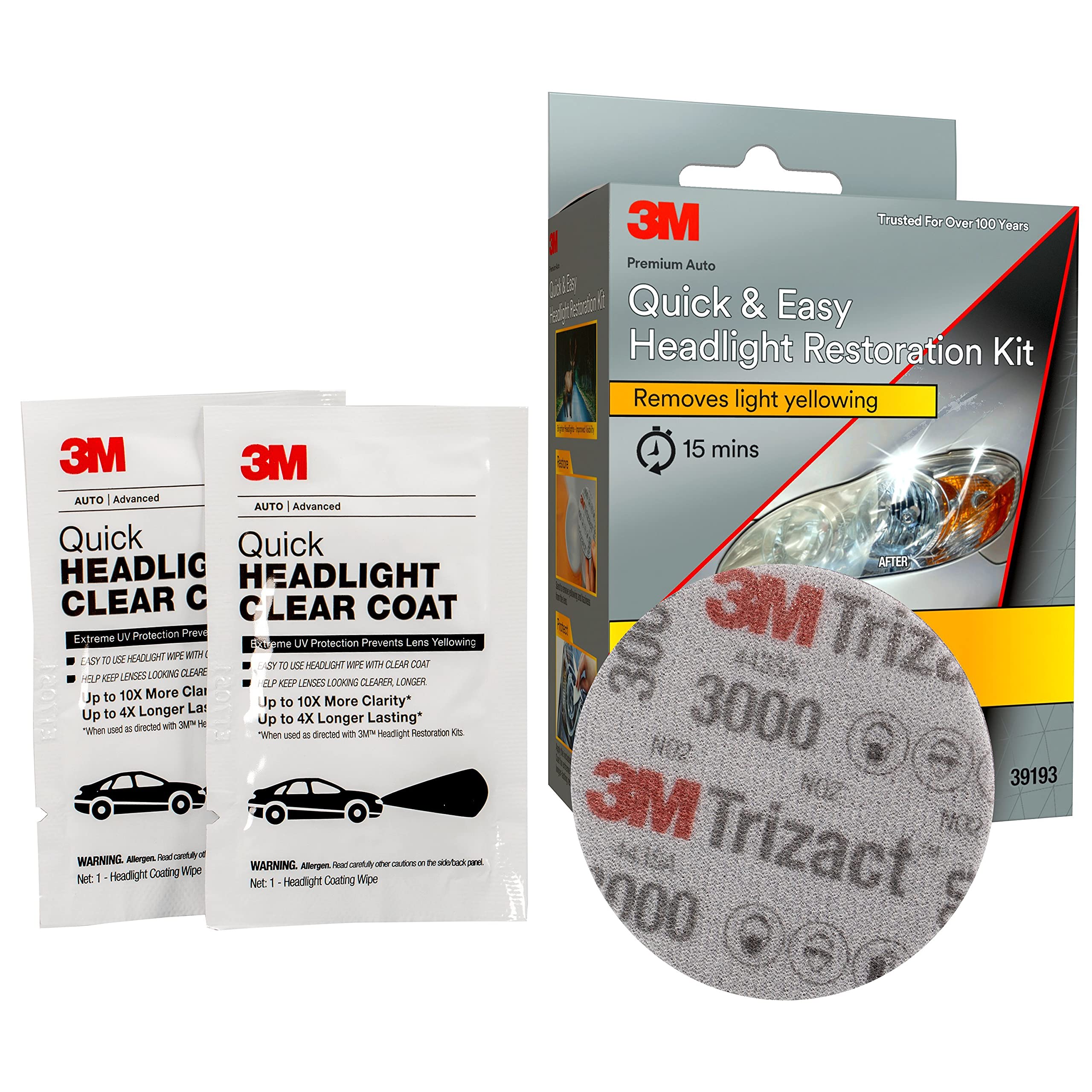 3M Headlight Restoration Kit, Removes Yellowing in 15 Min, Model 39193, 2 Count, Grey