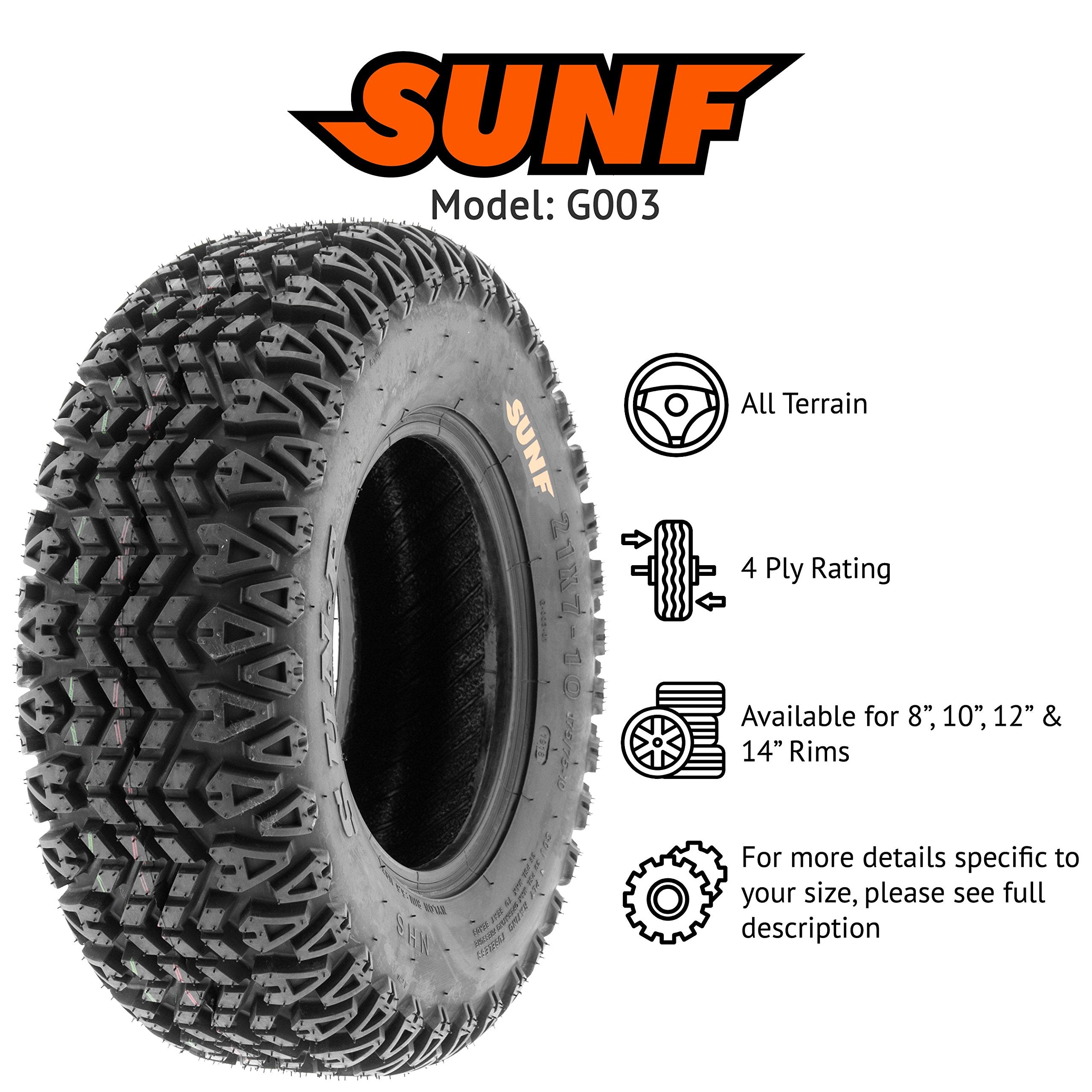 SUNF Set of 4 All-Terrain ATV UTV Golf-Cart Tires, 25x10-12, 4 Ply, Black