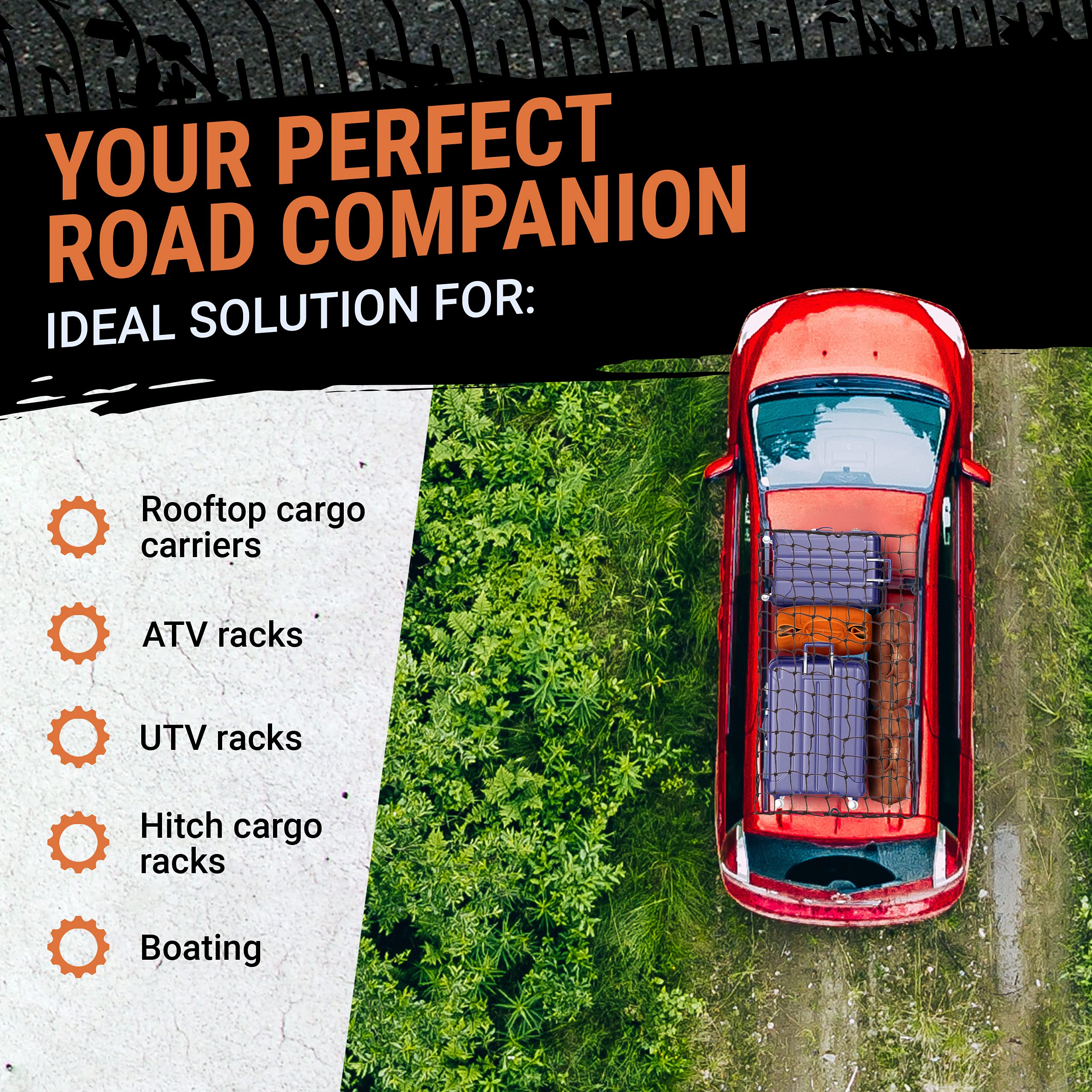 Grit Performance Cargo Net - Heavy-Duty Bungee Netting 22x38 Inch with 12 Clips, Black & Orange, Model 01