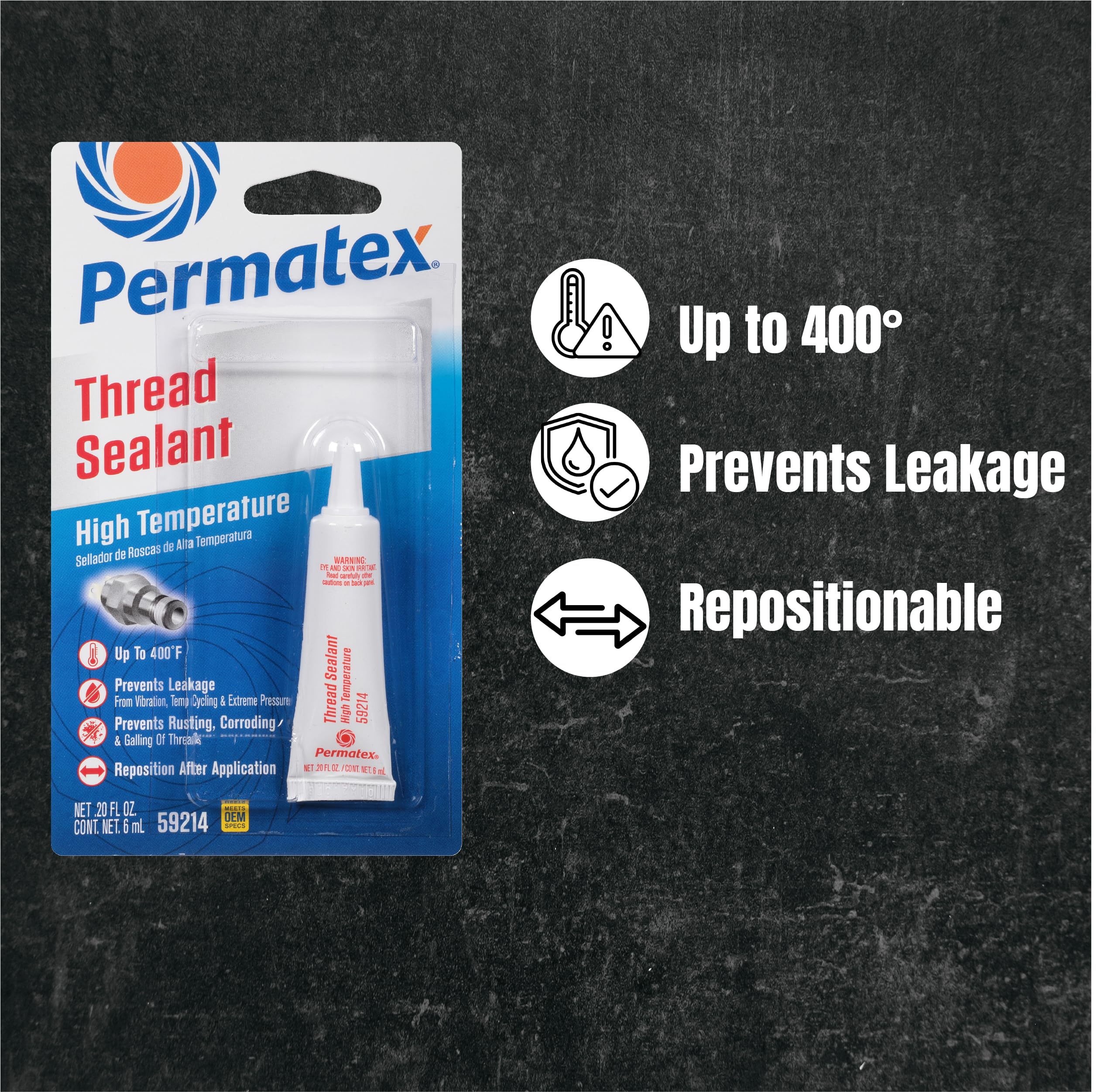 Permatex High Temperature Thread Sealant, 6 ml (Pack of 12), White, Model 59214-12PK, Polytetrafluoroethylene Material