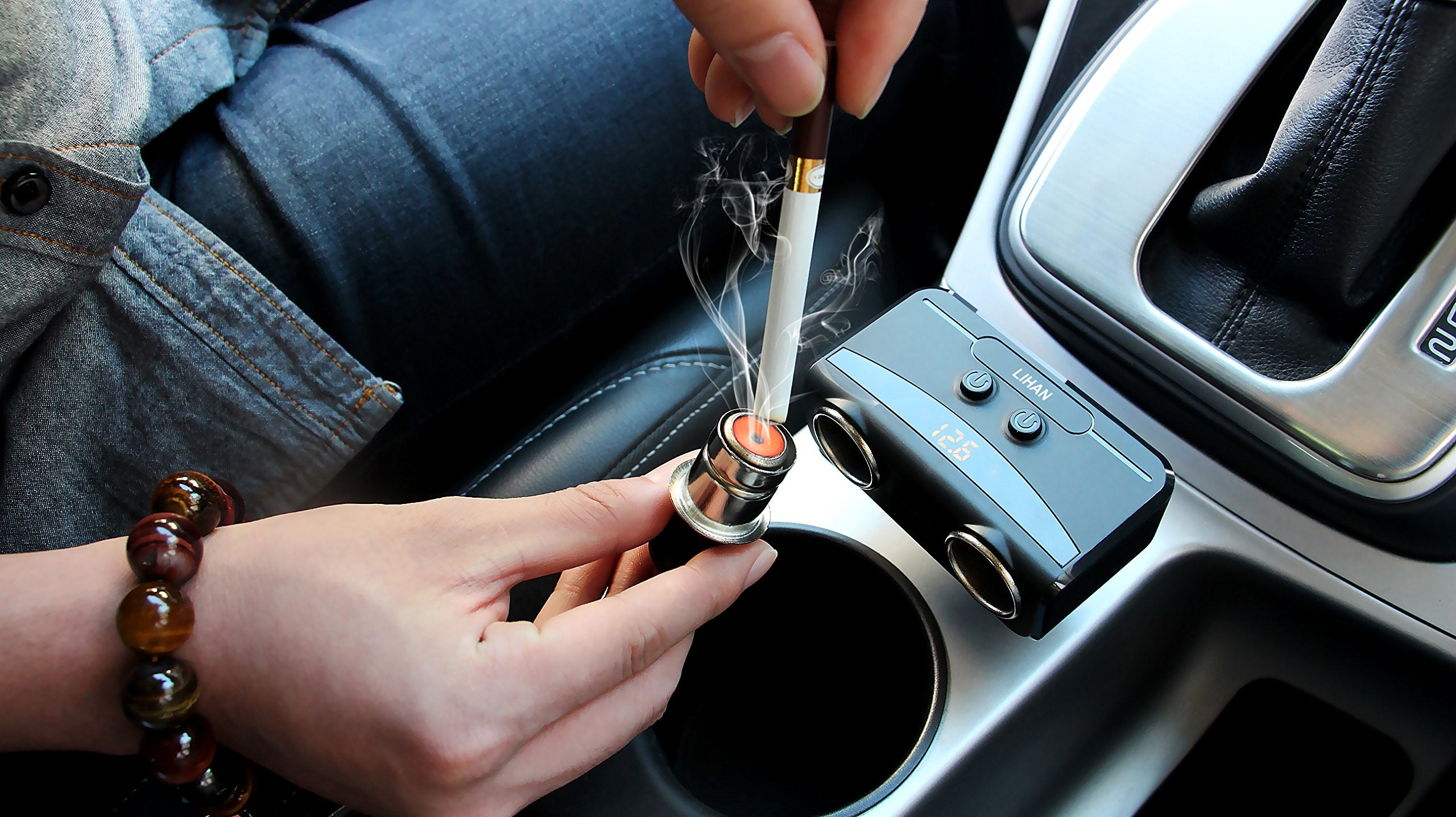 Lihan 2 Socket Cigarette Lighter Adapter, Car Charger Plug Splitter With Dual Usb Ports, 12V/24V Meter Monitor, Compatible With