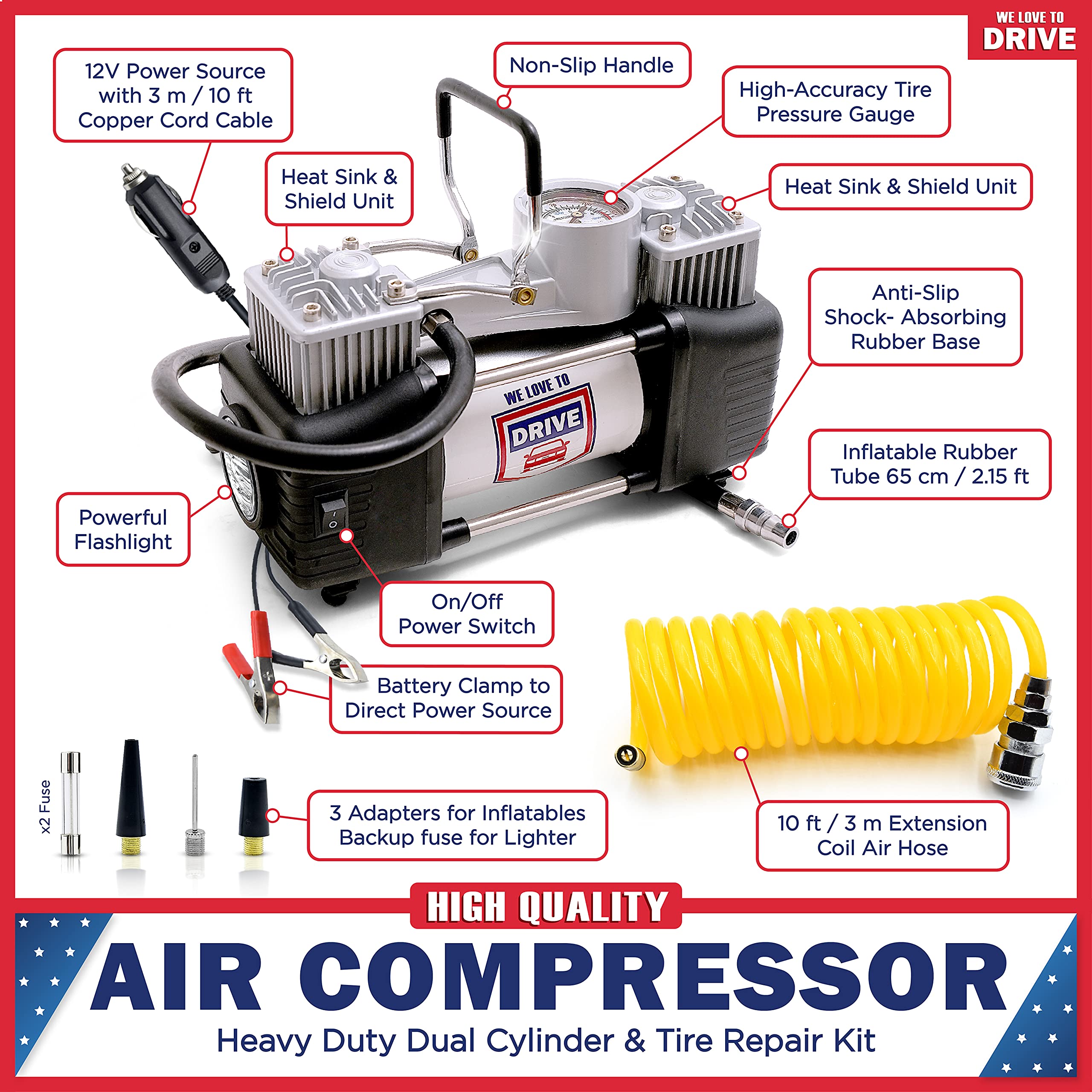 Tire Inflator Portable Air Compressor With Tire Repair Kit - 12V Dc Dual Cylinder Air Pump For Car Tires, 150 Psi Tire Pump With