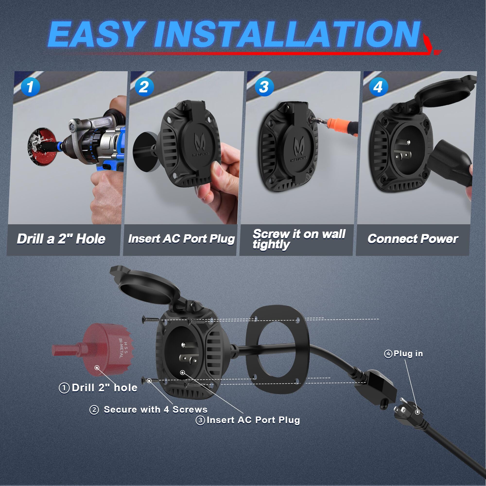 Mictuning 15Amp 125V Ac Port Plug With Heavy Duty Integrated 72'' Extension Cord And Water-Resistant Spring-Loaded Cover - Black