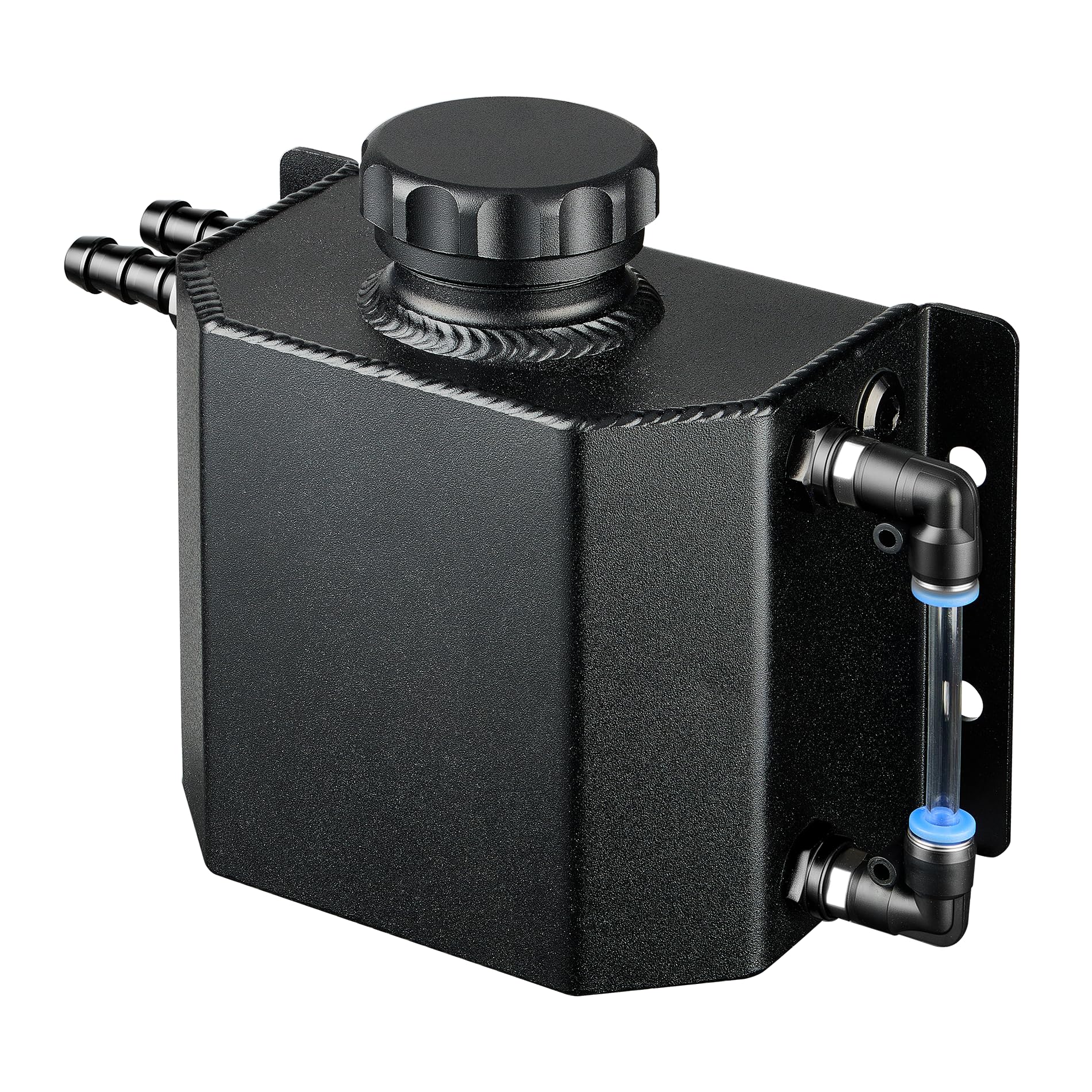 EVIL ENERGY 1L Aluminum Overflow Tank, Coolant Radiator Reservoir, Black-Plastic Level Indicator Connector, Model EV00481BK-AMZ1