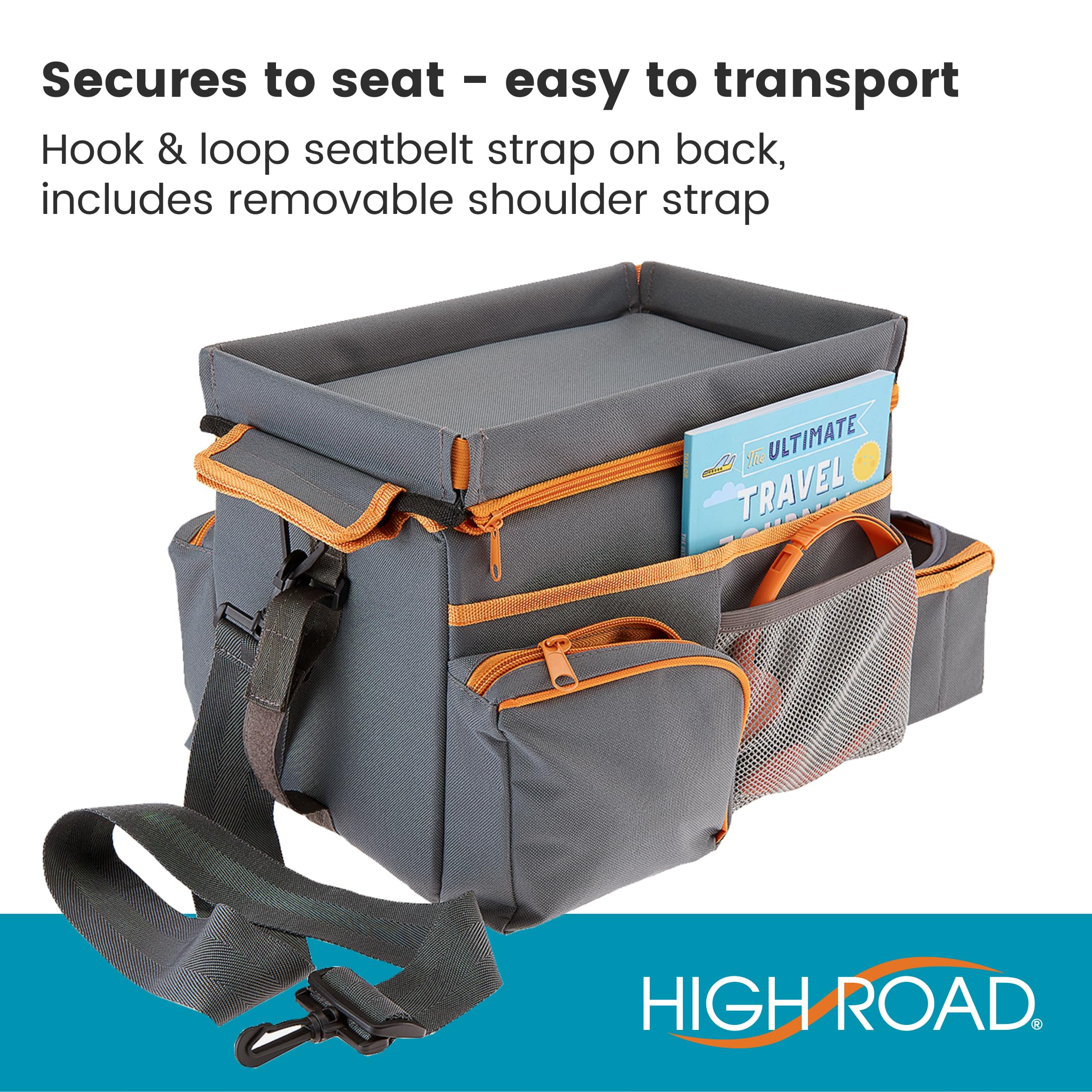 High Road CarHop Car Seat Organizer - Gray, Medium, 600D Oxford Polyester, Cup Holder, Side Pockets, Cooler Compartment, Model HR-6224-GRY