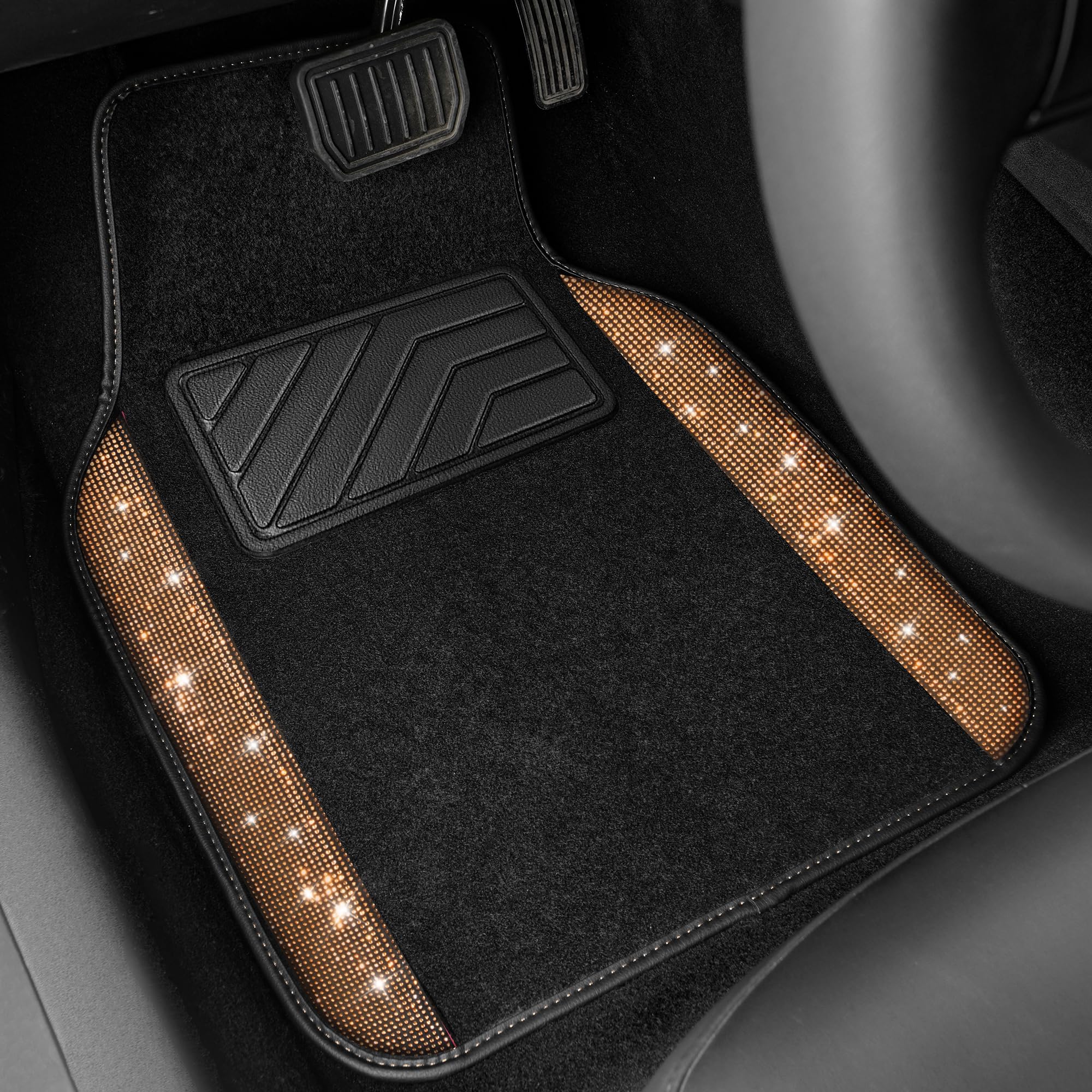 CAR PASS Bling Diamond Car Floor Mats, Golden Rhinestone Waterproof PVC, Universal Fit for SUV, Sedan, Van, 4pcs