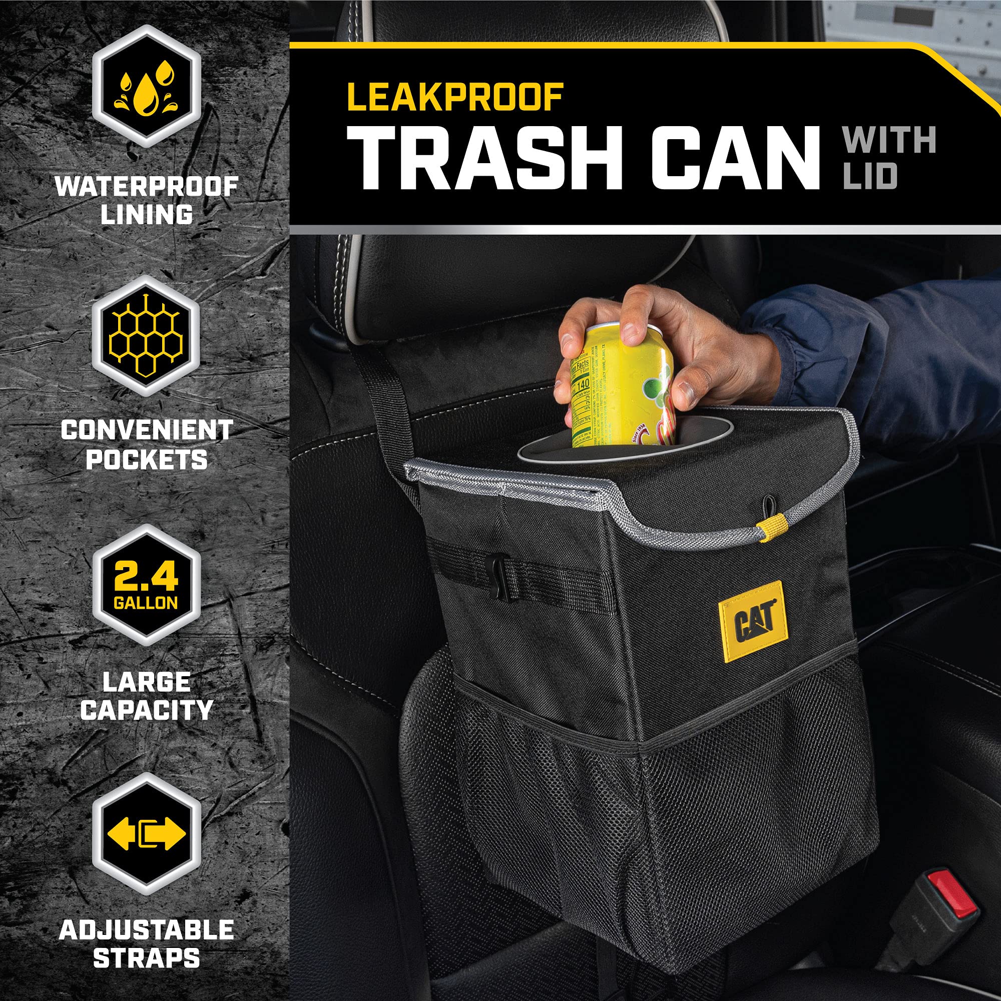 Cat® Premium Car Trash Can - Waterproof, Leak-Proof, Black, Model CATB-301, Multipurpose Storage Organizer with Lid and Pockets