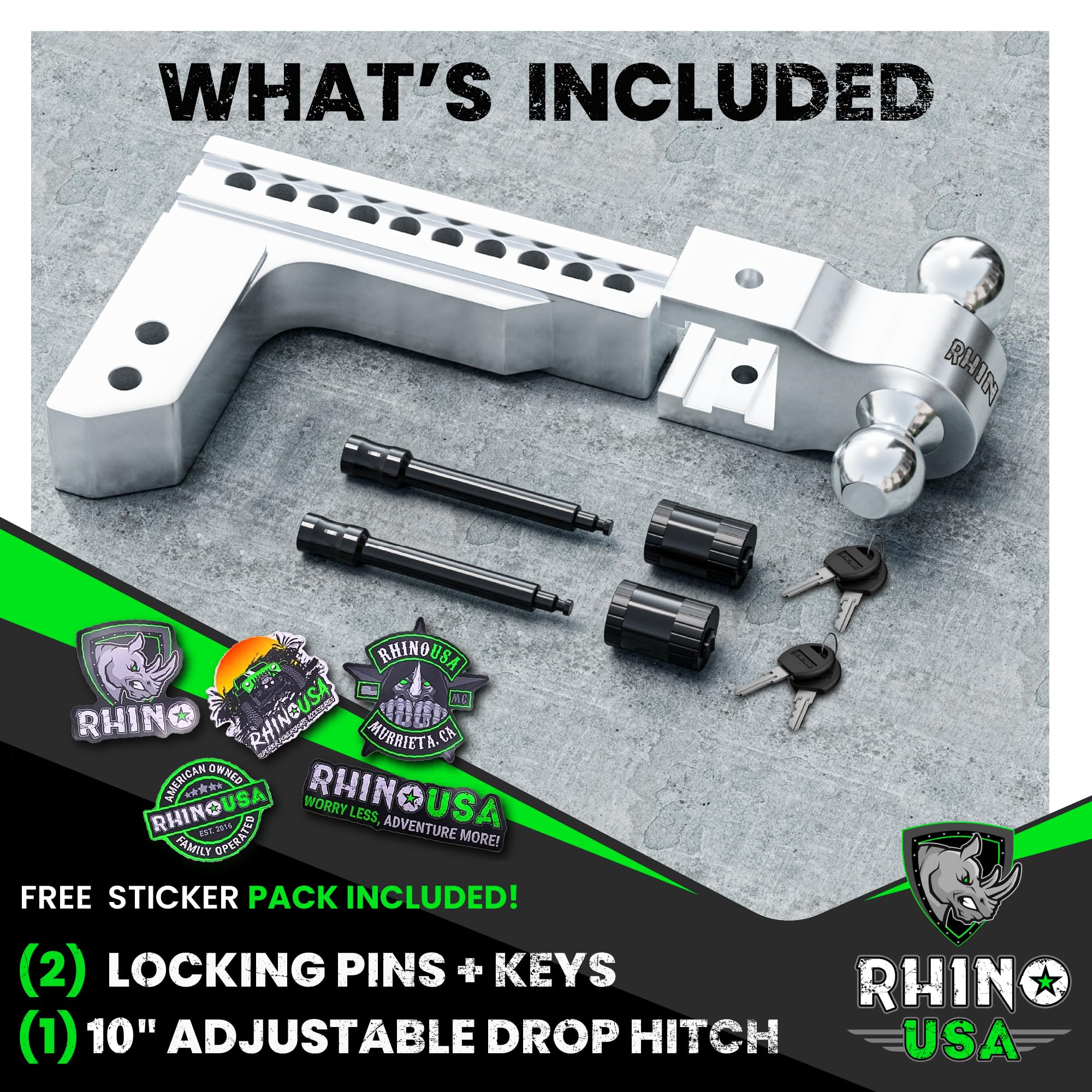 Rhino USA Adjustable Aluminum Trailer Hitch - 10" Drop/Rise, 2.5" Receiver, 18,500 LBS GTW, Weatherproof, Silver, Model RG-HTDROP