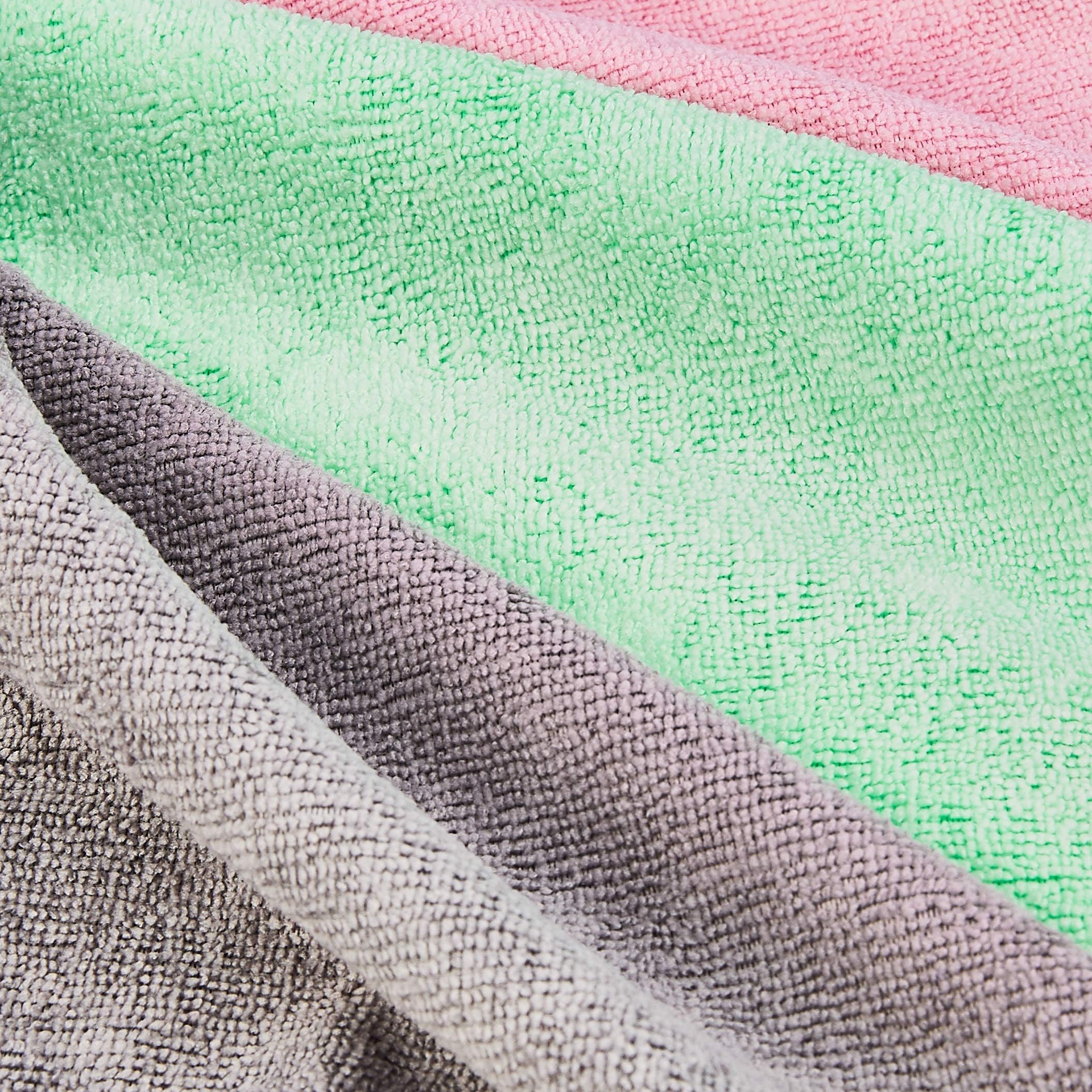 Amazon Basics Microfiber Cleaning Cloths, Non-Abrasive, Reusable And Washable, Pack Of 48, Green/Gray/Pink, 16'' X 12''