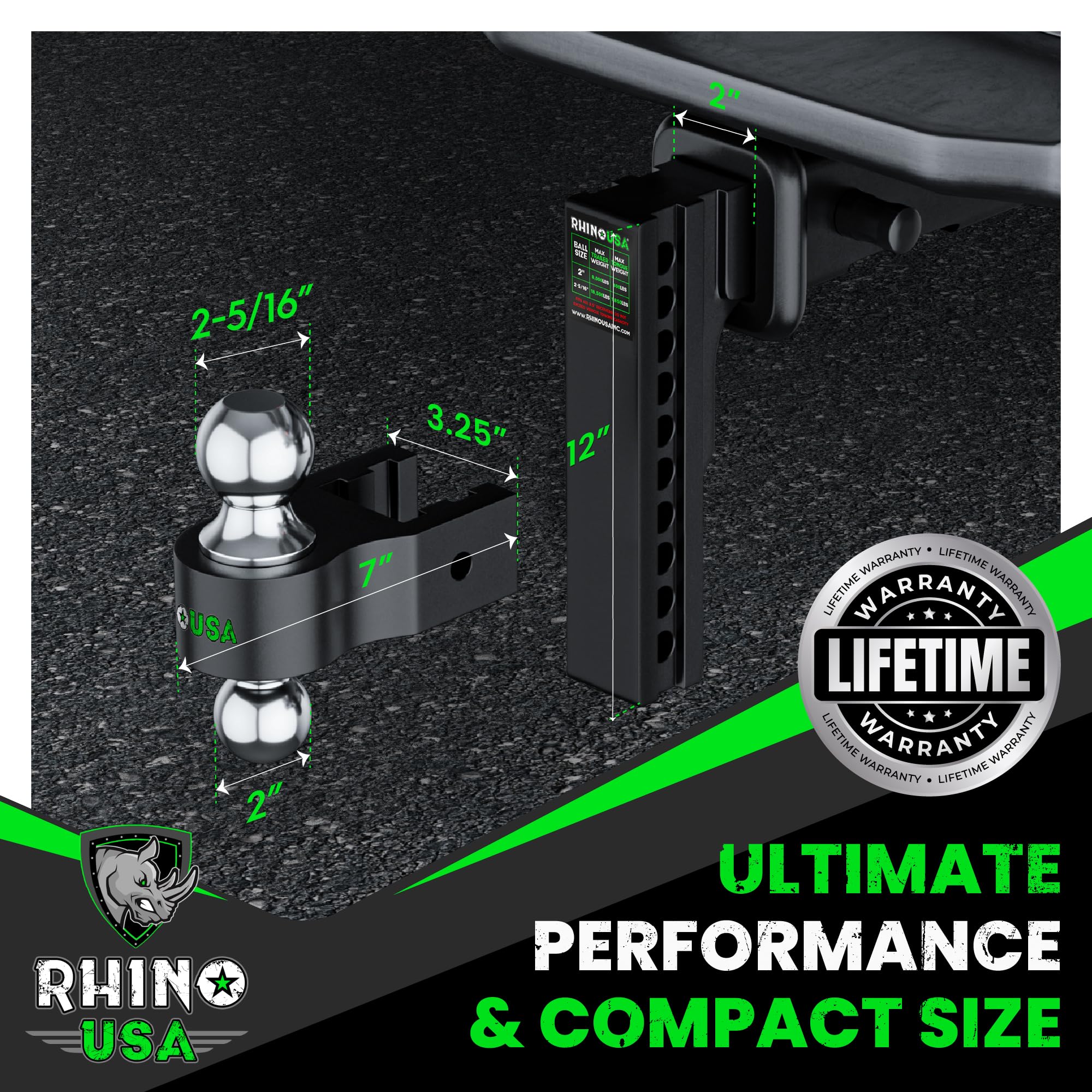 Rhino USA Adjustable Trailer Hitch - Heavy Duty Aluminum, 10-Inch Drop/Rise, 2-Inch Receiver, 12,500 LBS GTW, Black, Model RG-HTDROP