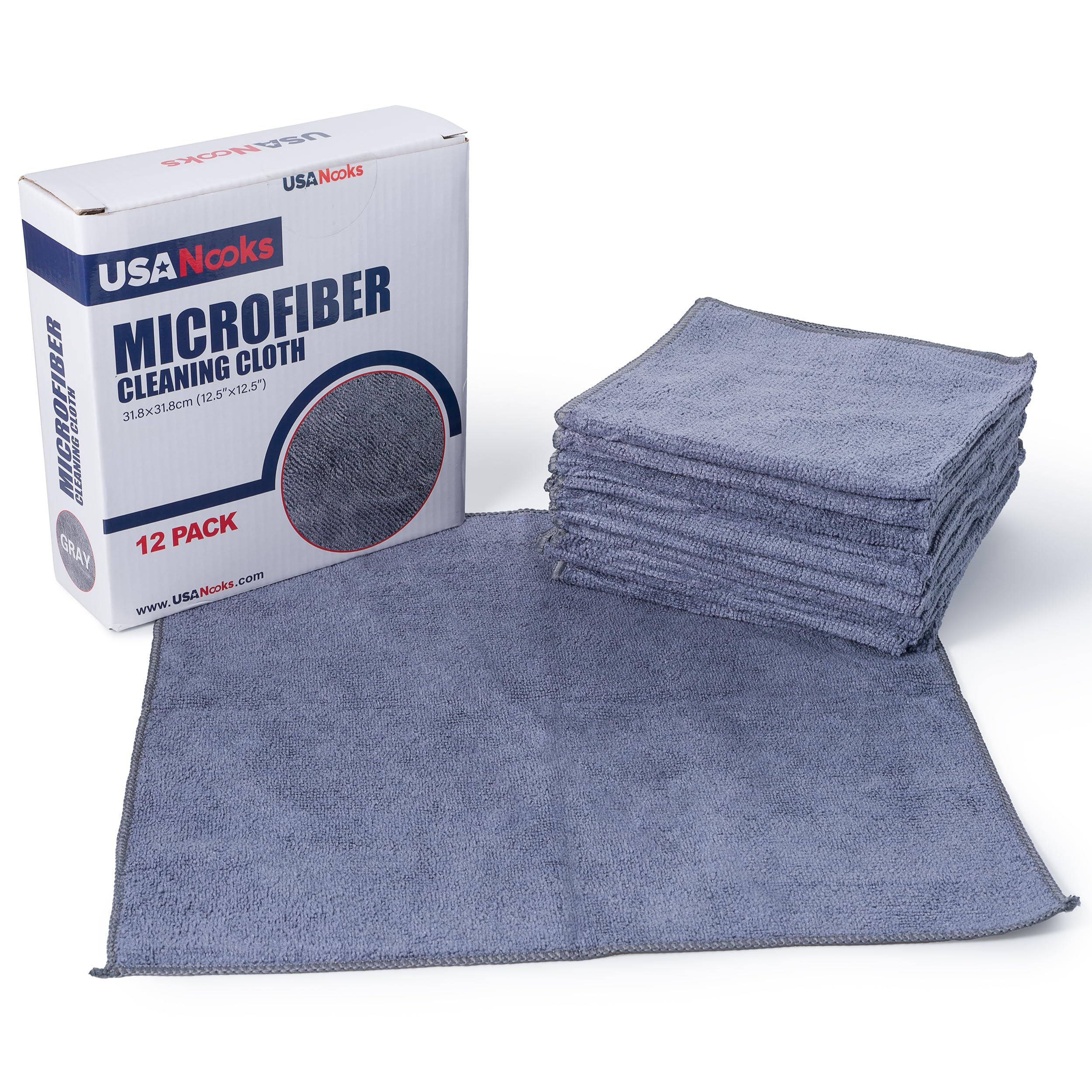 USANOOKS Microfiber Cleaning Cloth - Ultra Absorbent, 12.5"x12.5", Gray, 12 Pcs, Model MF-001, 1200 Washes for